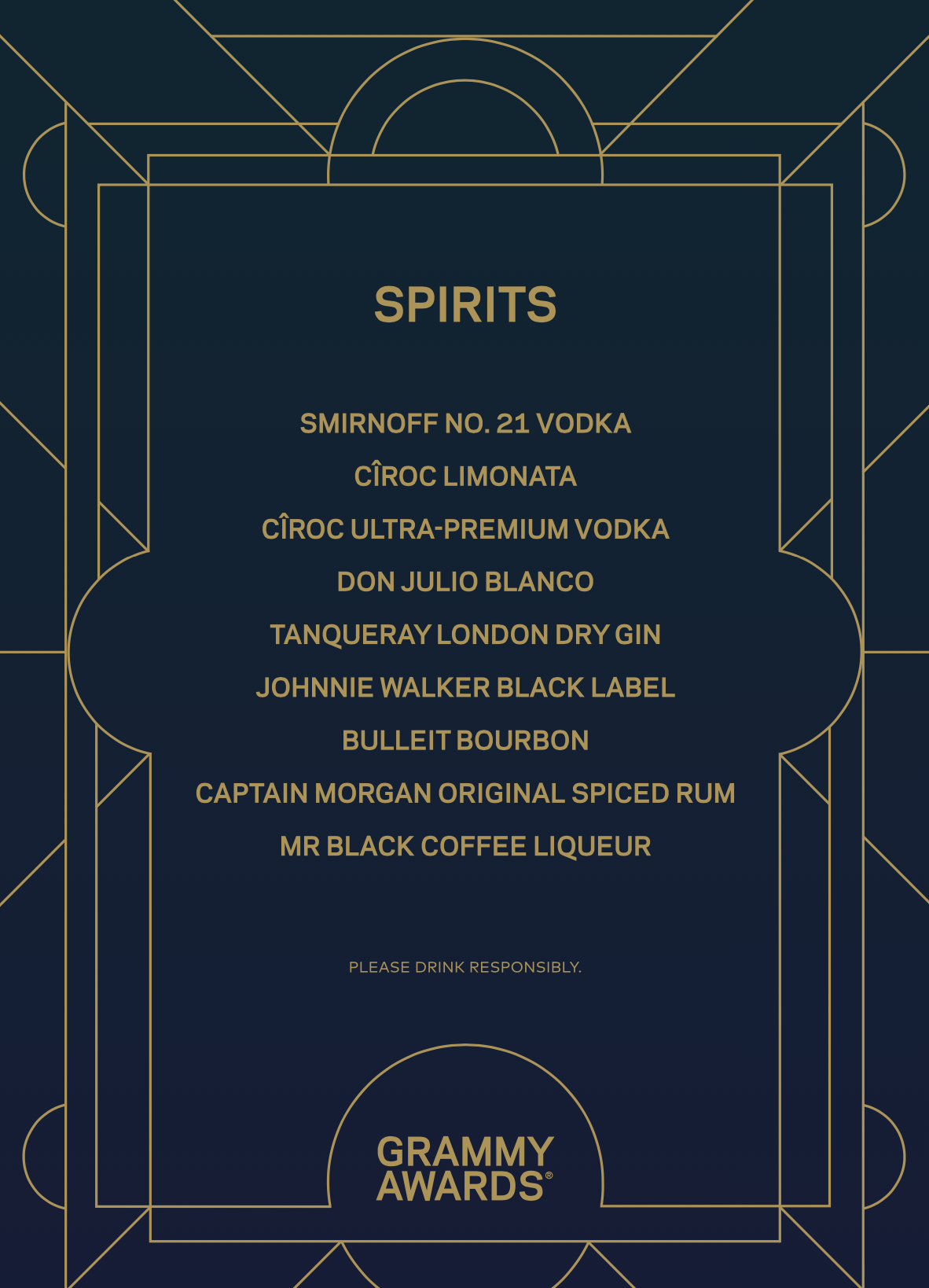 Diageo Spirits Menu