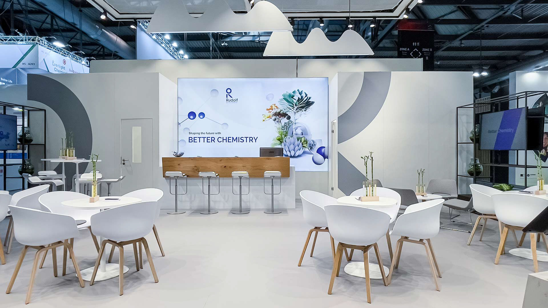 Rudolf. Better Chemistry. Corporate Stand Graphics Design. ITMA 2023. Milano. Sustainable journey textile industry. Emocion Graphics. Rob Adalierd. Milan. Italy. 2023