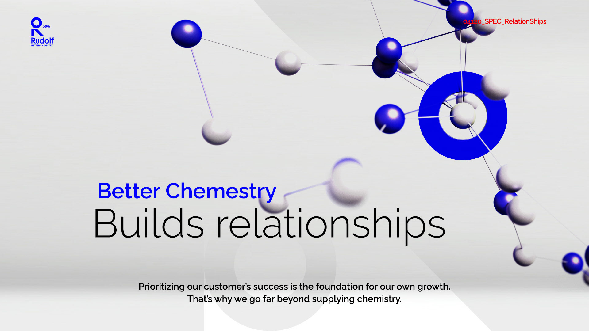 Another part of the same clip, white Screem with particles or molecules of water floating, blue particles., is possible to read the text better chemestry builds relationships floating there. is film produced by emocion emotion graphics in munich and portugal for Rudolf, better chemestry. Directed by Aitor BEnavent and Rob Adalierd. using emotional intellingence.  in design and creation
