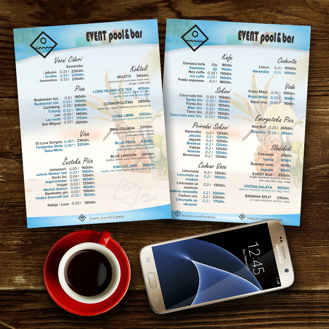 menu design for the local pool bar