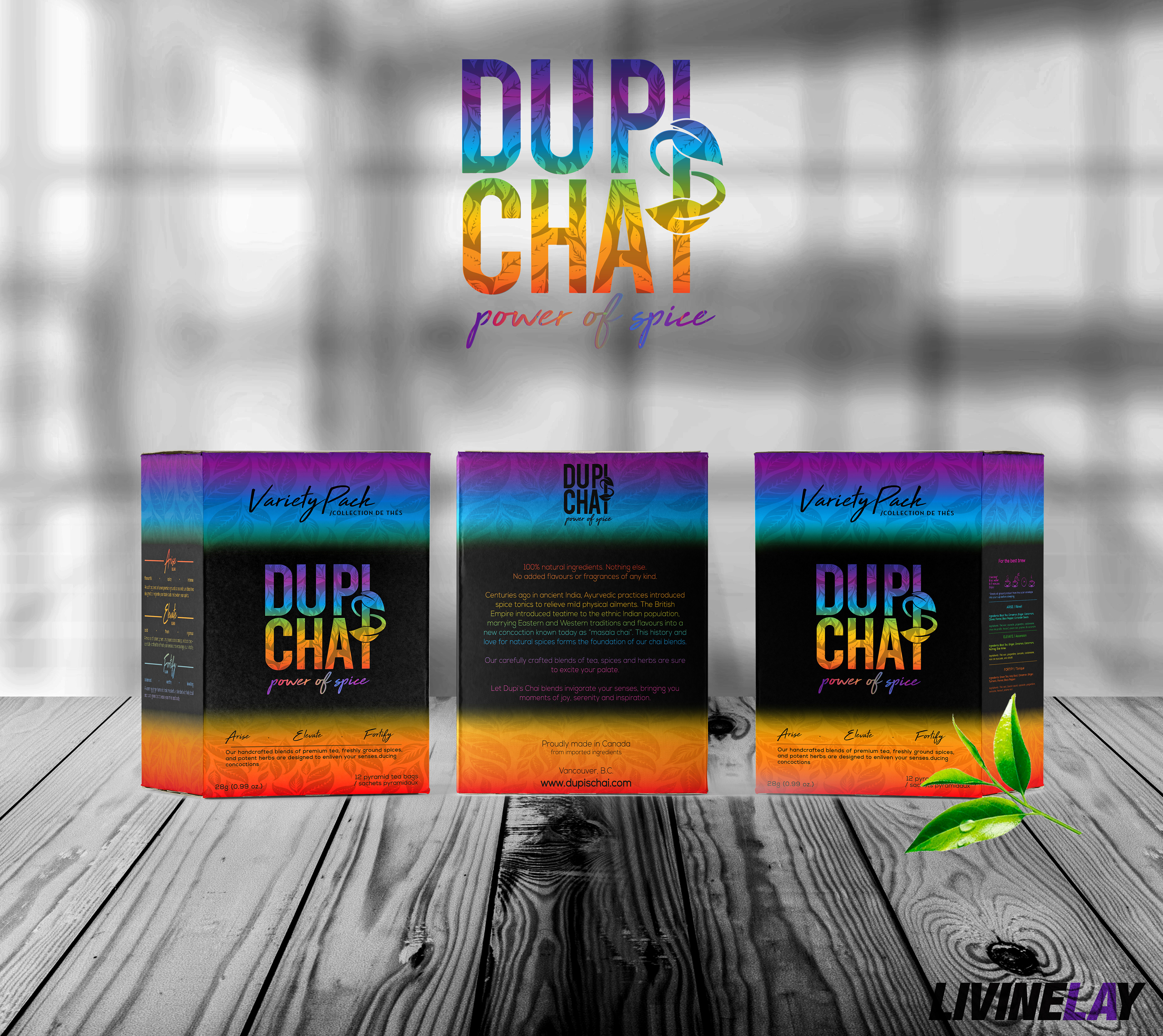 Variety Pack Box Design: The Dupi’s Chai Variety Pack is designed to stand out with its bold, gradient spectrum of colors, representing a vibrant mix of flavors in one box. The gradient flows seamlessly from rich purples to warm oranges and greens, symbolizing the diversity and harmony of the different tea blends inside. The black backdrop provides a striking contrast, making the colorful Dupi’s Chai logo pop, while the subtle leaf patterns tie back to the brand’s natural, spice-inspired roots.  The layout keeps things clean and informative, with blend names like Arise, Elevate, and Fortify featured prominently. This design not only highlights the variety of teas but also conveys the excitement and adventure of trying different flavors—all while maintaining a cohesive look with the rest of the Dupi’s Chai packaging line.