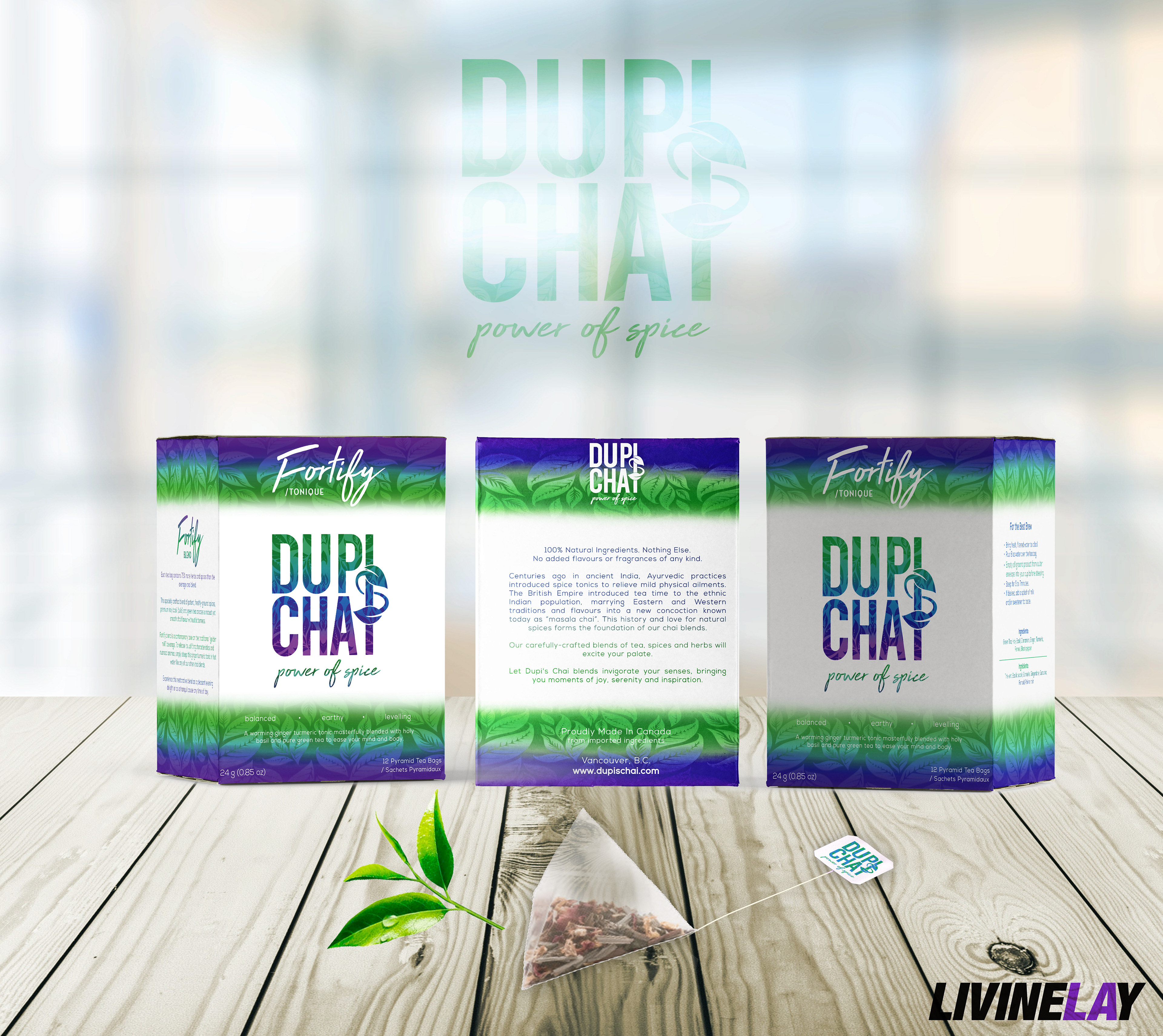 The Fortify box design features cool tones of green and blue, representing vitality and wellness. The gradient effect mimics the refreshing essence of herbal ingredients, while the leaf motifs provide a natural, organic feel. The clean layout highlights the brand’s commitment to purity and health-focused blends.