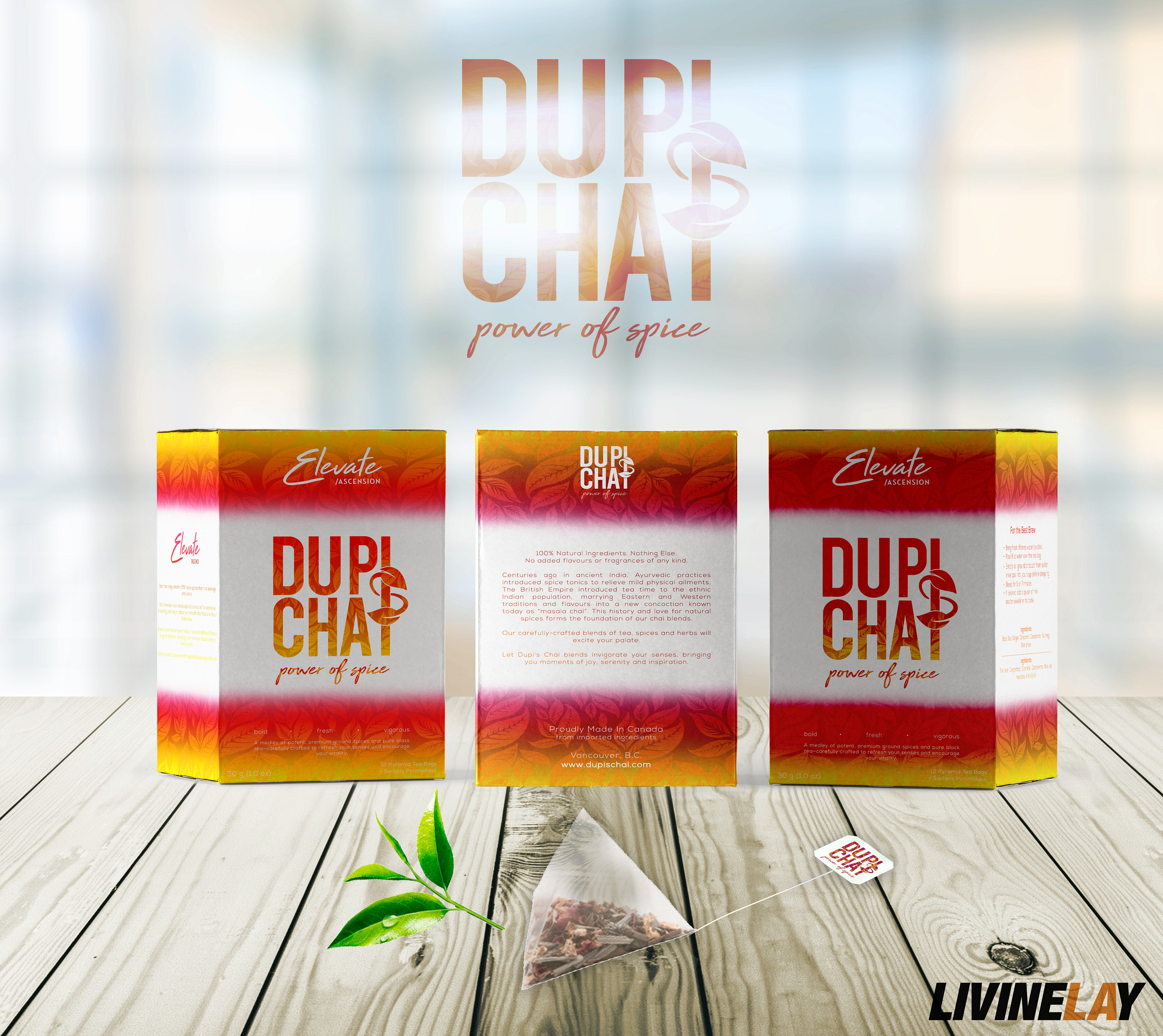 Elevate Blend Box Design: This design reflects the warm, invigorating nature of the Elevate blend. A fiery gradient of reds and oranges symbolizes energy and spice, while the gold accents add a premium touch. The bold typography and leaf patterns create a dynamic yet balanced look, echoing the rich, aromatic flavors of the tea.