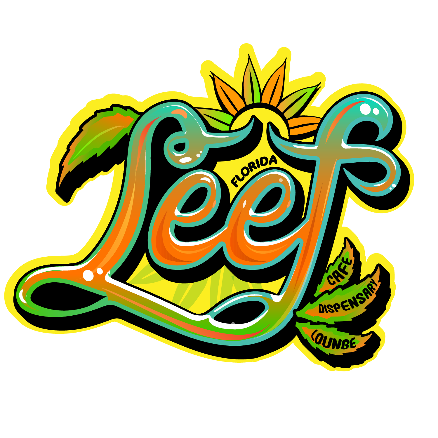 LEEF primary logo with tropical color palette featuring bold typography, sunburst, and palm leaf design for an Amsterdam-style dispensary in Florid