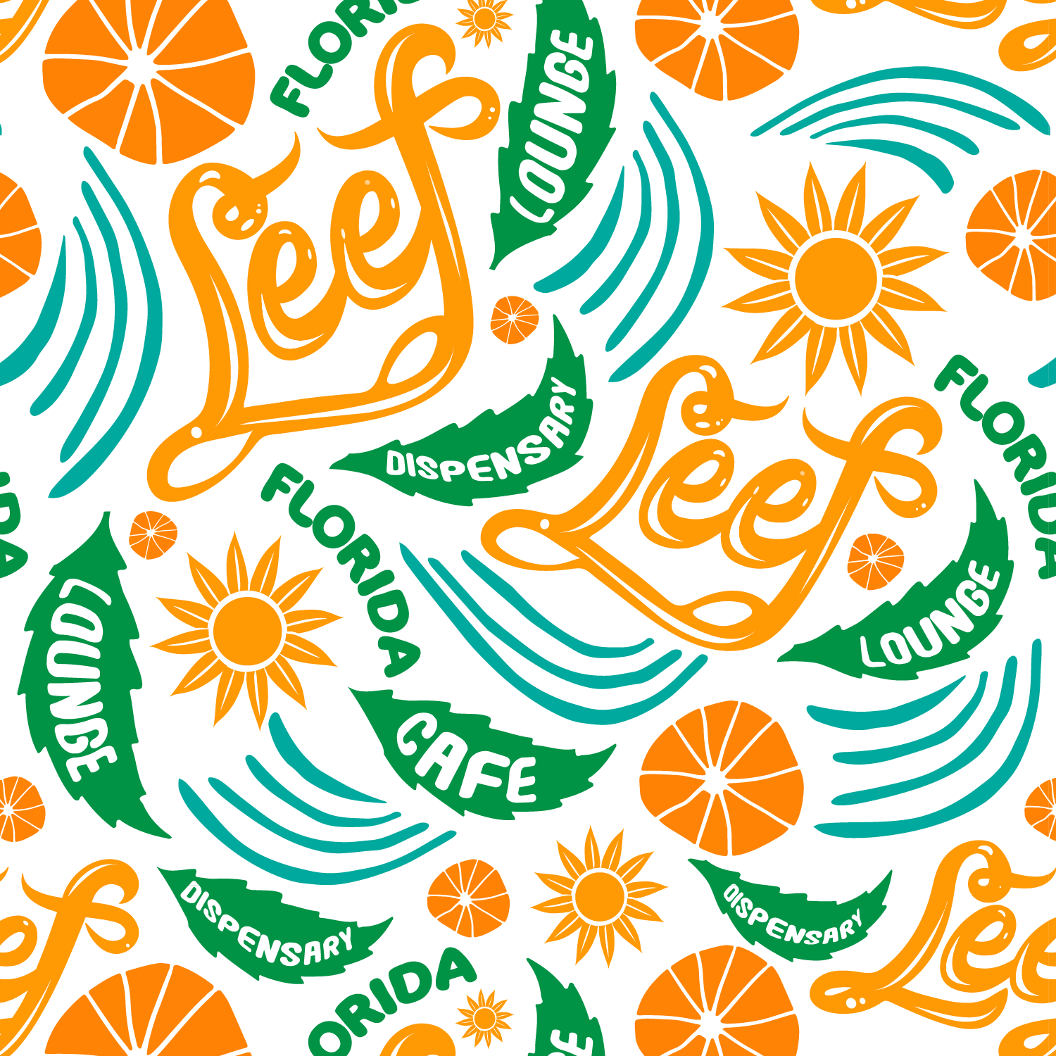 Repeating branded pattern with LEEF logo, citrus slices, and tropical graphics designed for dispensary packaging and merchandise