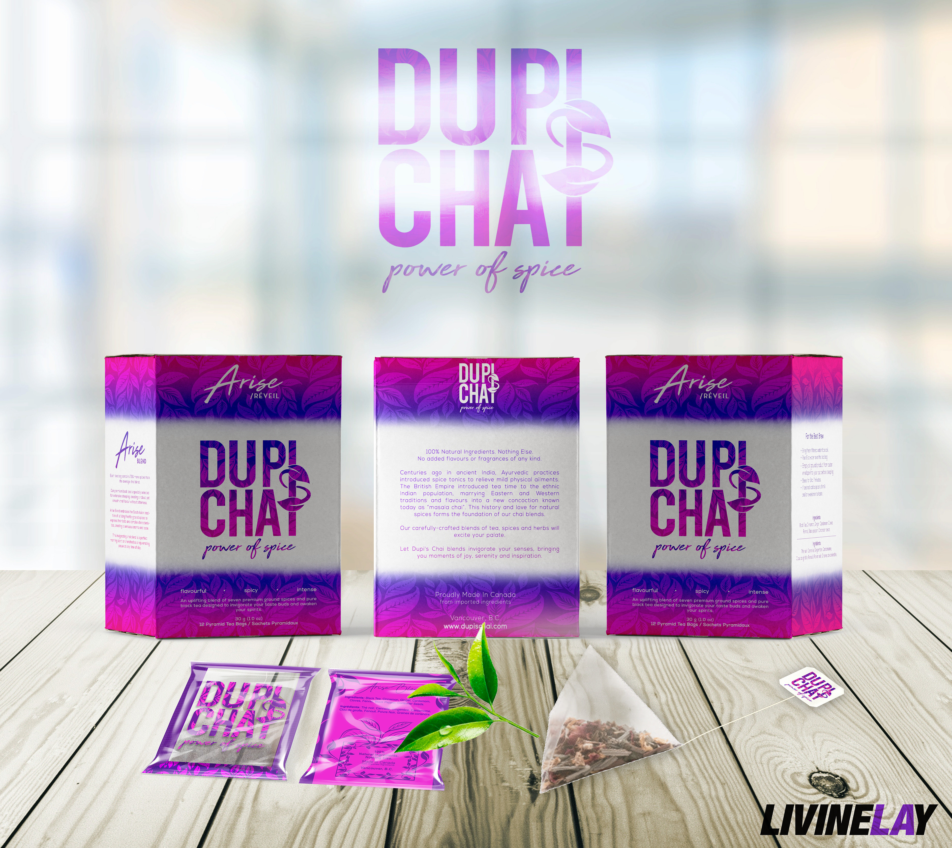 Vibrant shades of purple and pink define the Arise blend, reflecting both boldness and rejuvenation. The playful color palette conveys a sense of creativity and vibrancy, perfect for a morning pick-me-up. Subtle botanical patterns enhance the visual texture, while the strong logo placement maintains brand consistency.