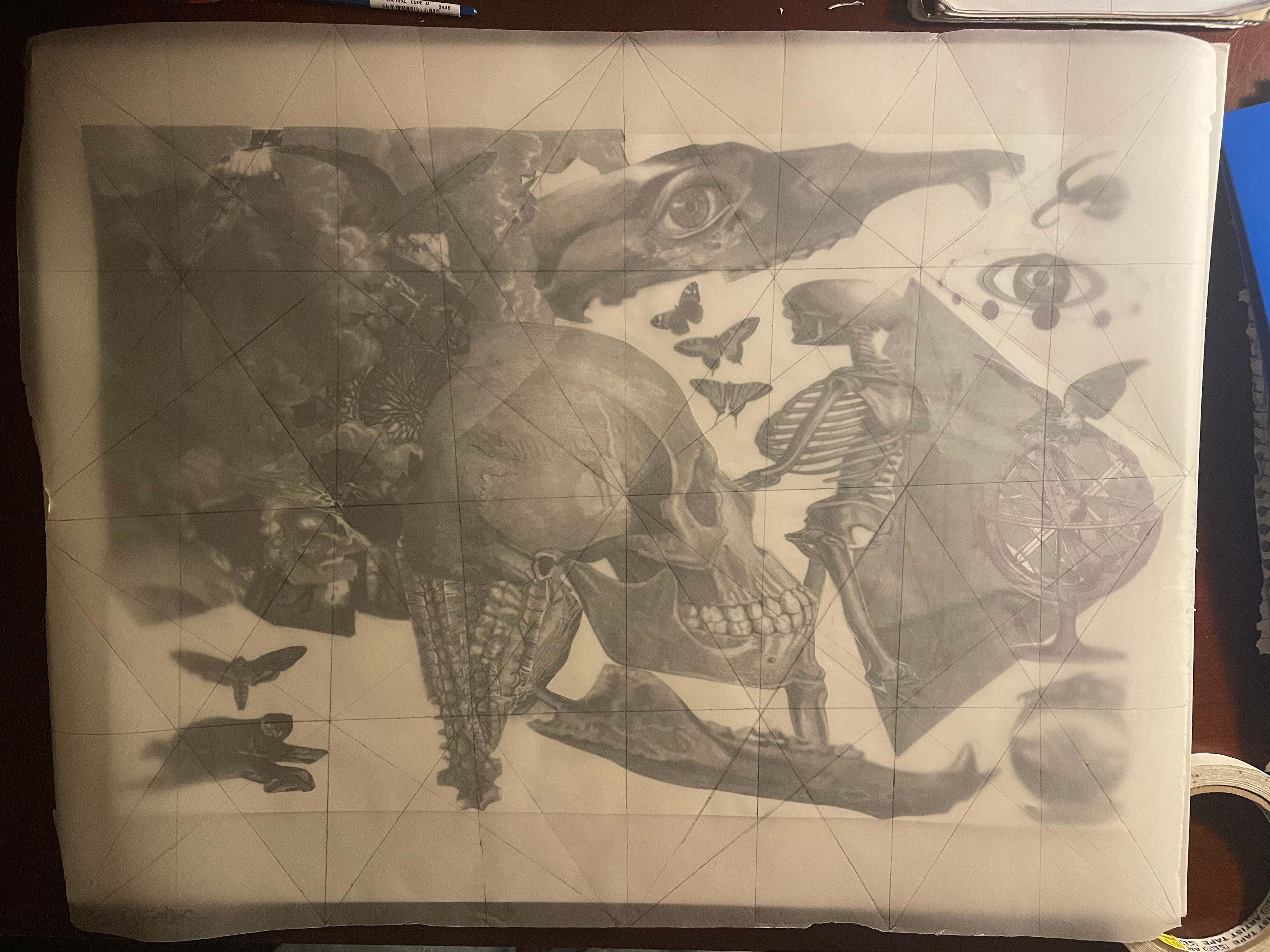 Covered by an Onion skin paper w/geometrical grid