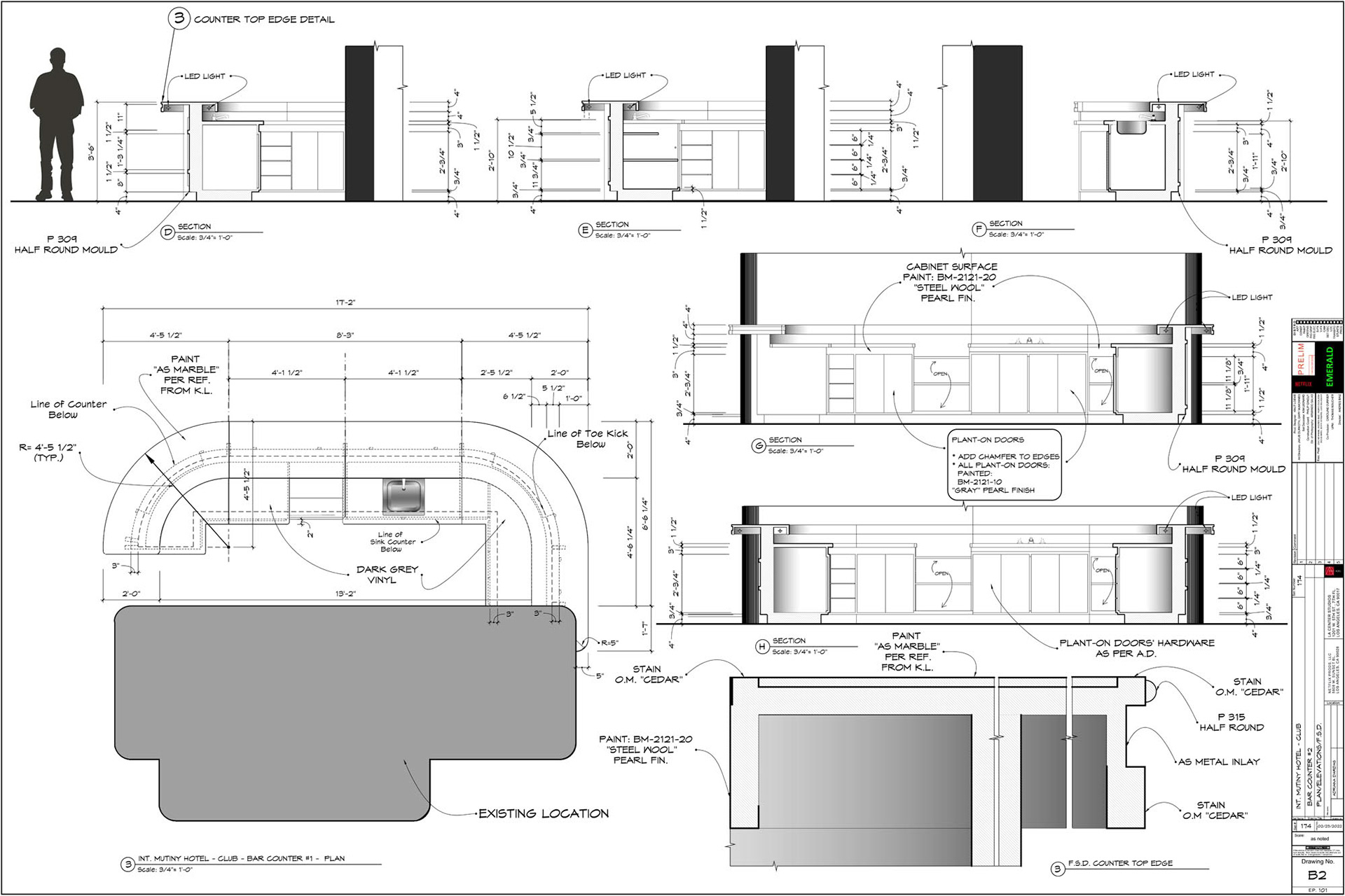 BAR COUNTER - PLAN - ELEVATIONS - DETAILS