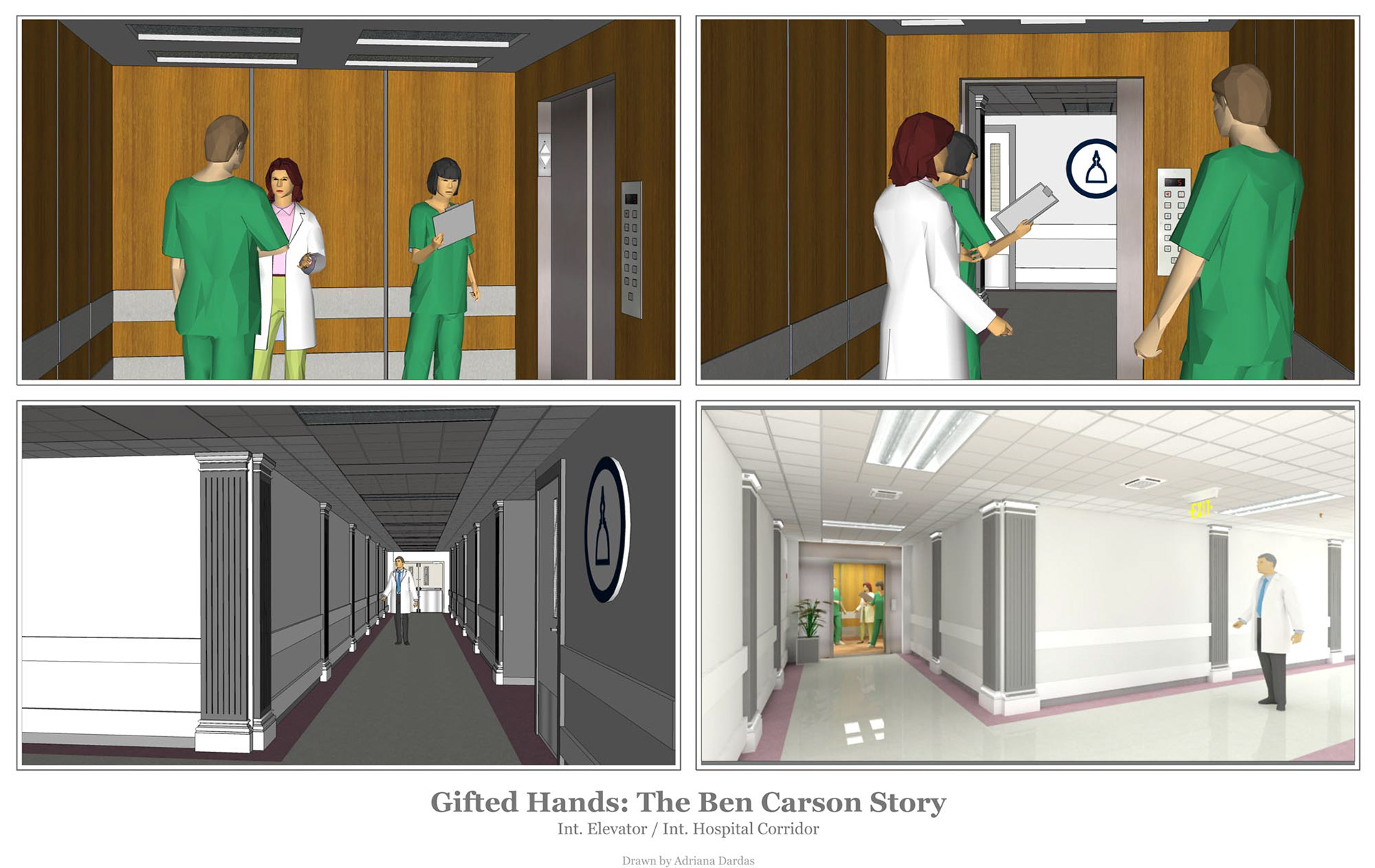 INT. HOSPITAL ELEVATOR 3D MODEL - INT. HOSPITAL CORRIDOR 3D MODEL - RENDERING
