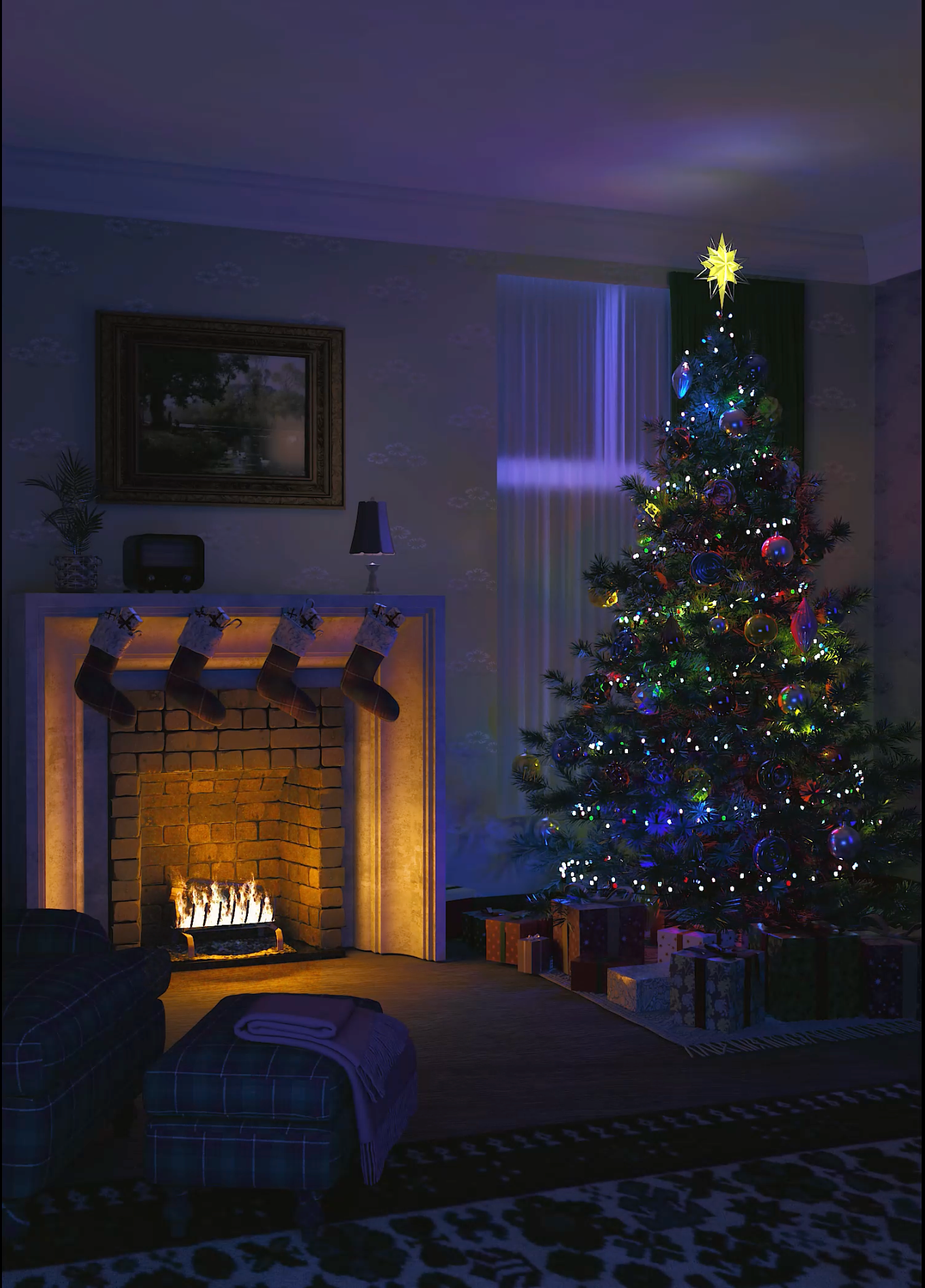 Refined the lighting to balance warm tones and soften the fire’s intensity.
