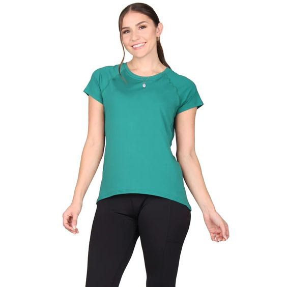Activewear Short Sleeve Top with Mesh Inset - Forest Green