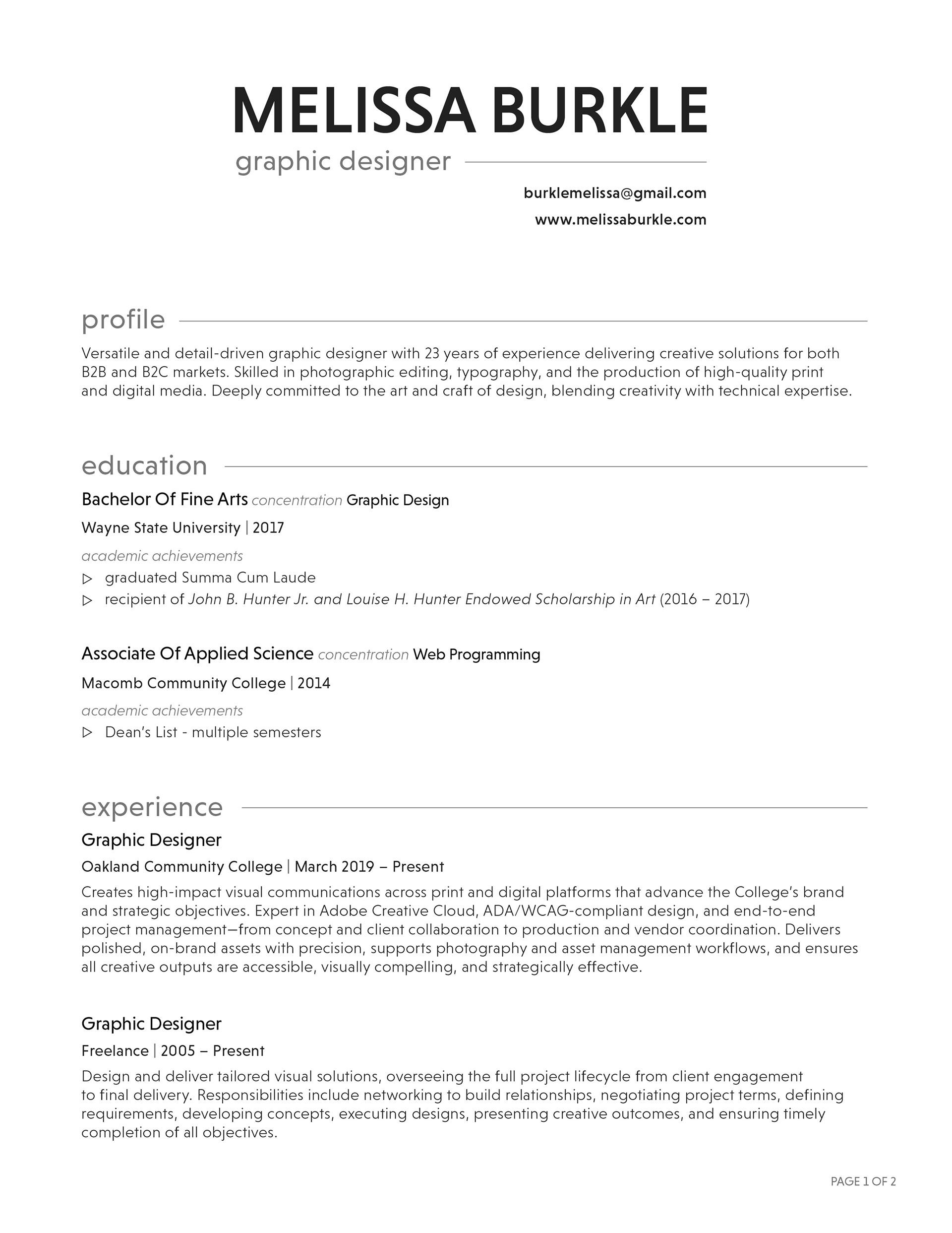 Image of the first page of Melissa's Burkle resume. ADA compliant version available to download at the bottom of this page. 
