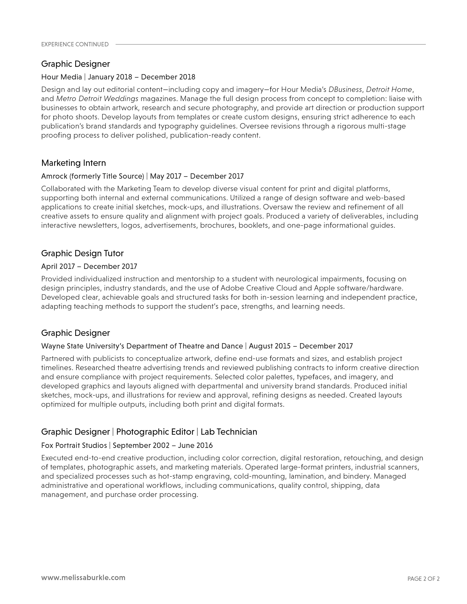 Image of the second page of Melissa's Burkle resume. ADA compliant version available to download at the bottom of this page. 