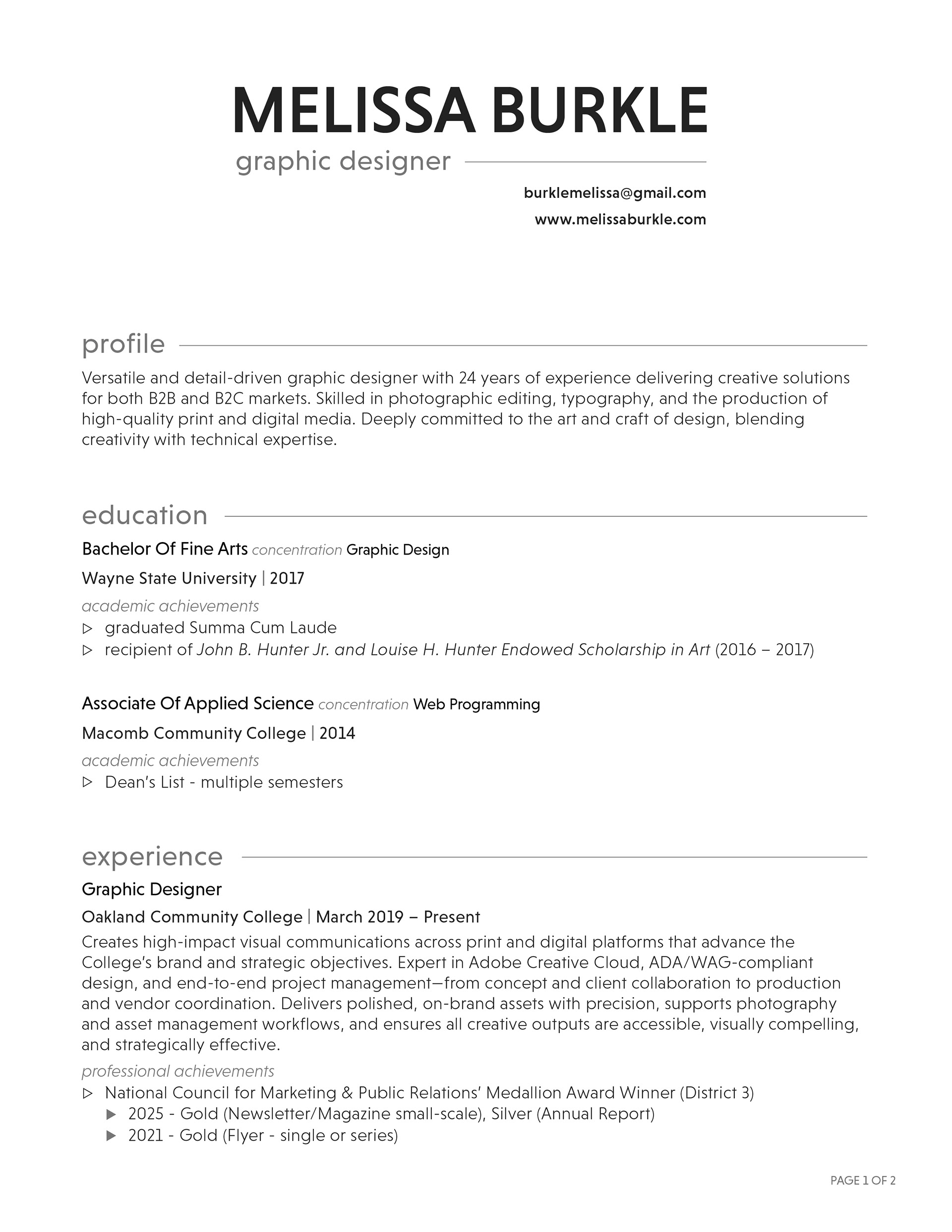 First page of my resume. An ADA compliant version is available to download via the link at the bottom of the page.