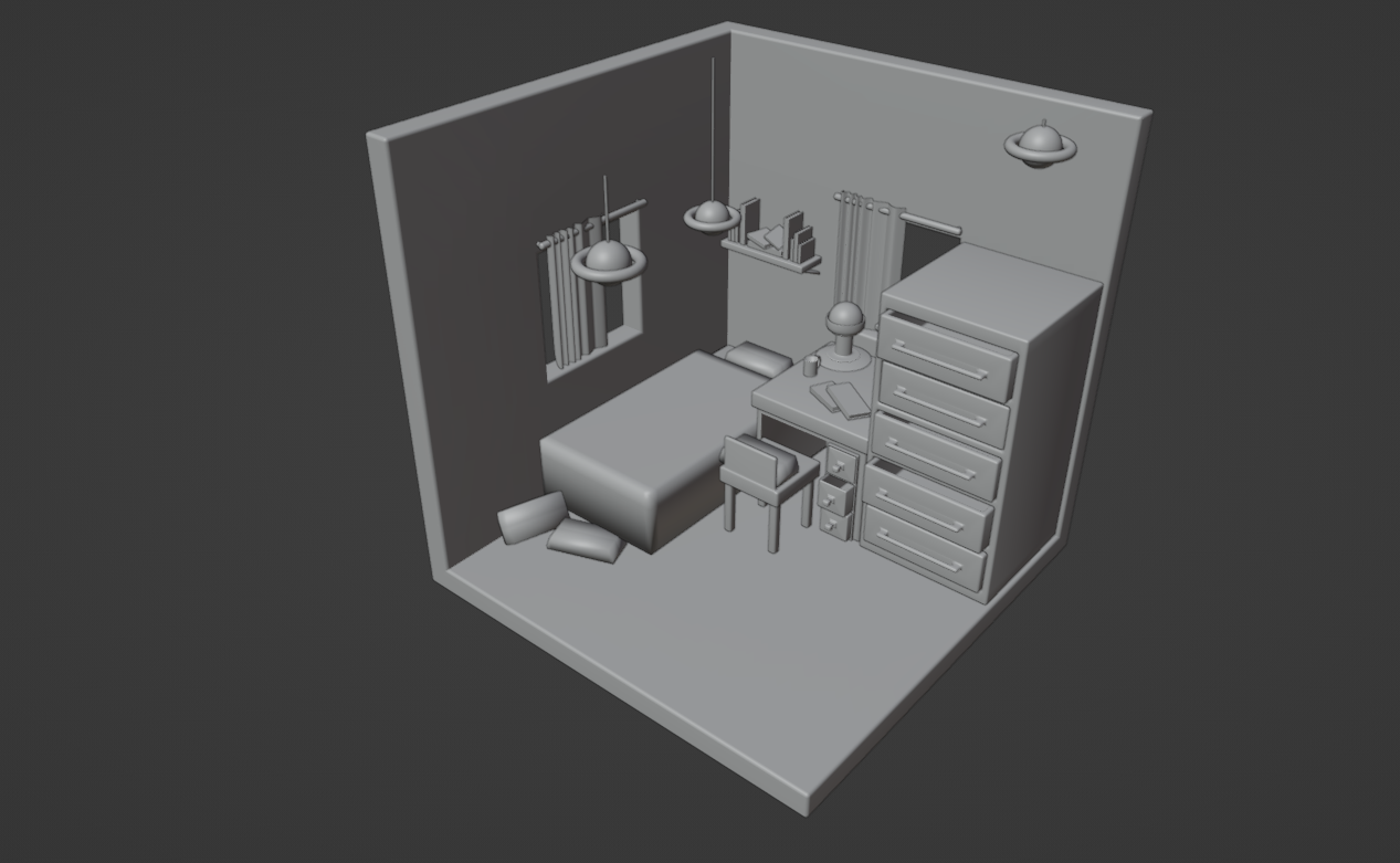 Space Themed Bedroom - Top-down, 3/4 View