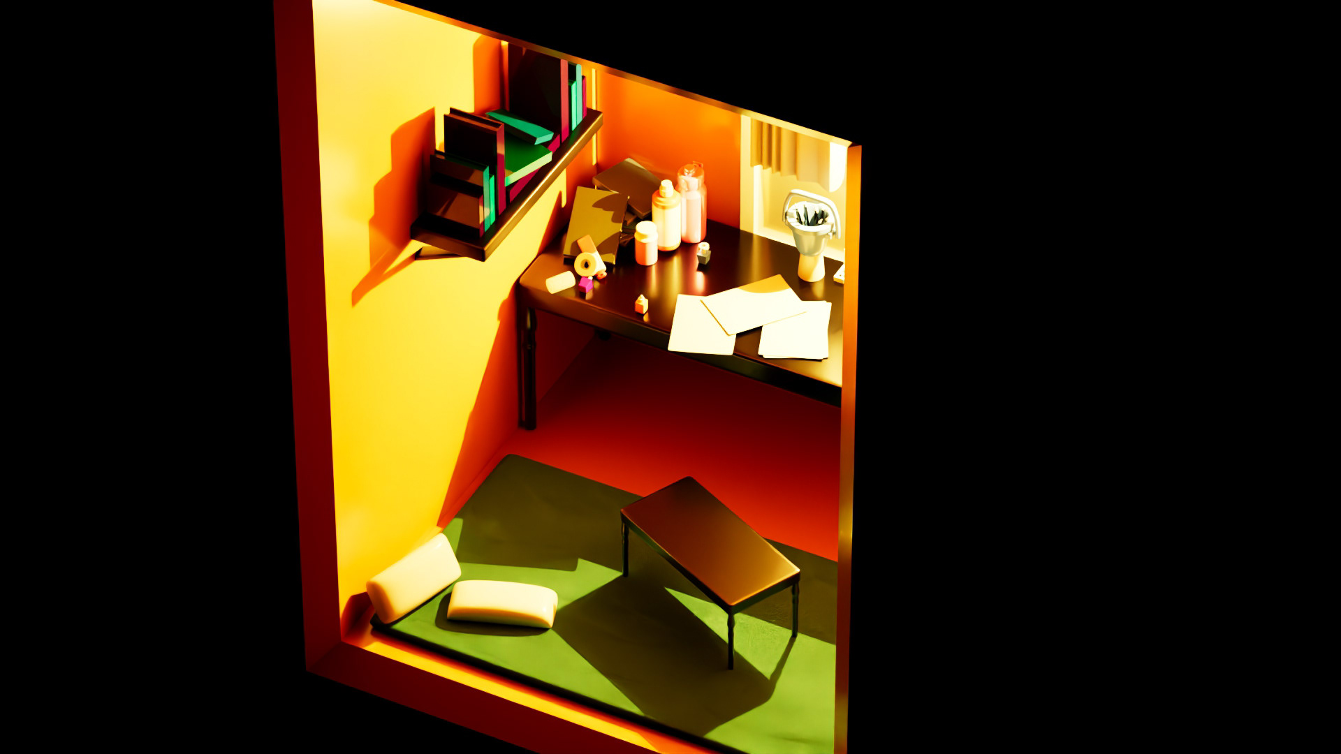 Small Studio Attic 3D Model - Texture and Light, 3/4 View, Top-down
