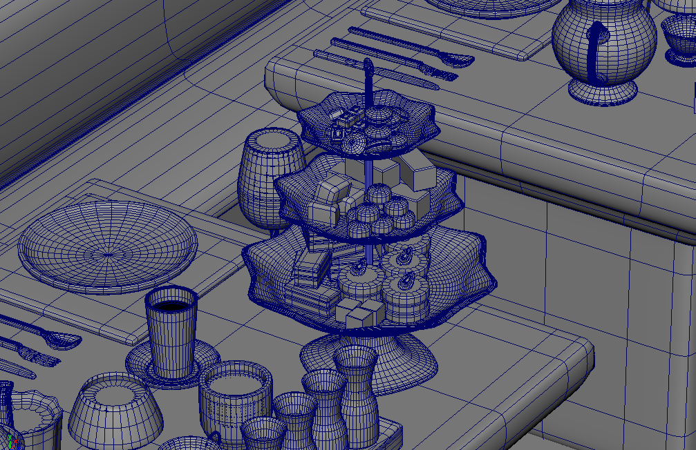 Doll House Tea Set - Pastry Close-up, Top-Down, 3/4 View, Wireframes