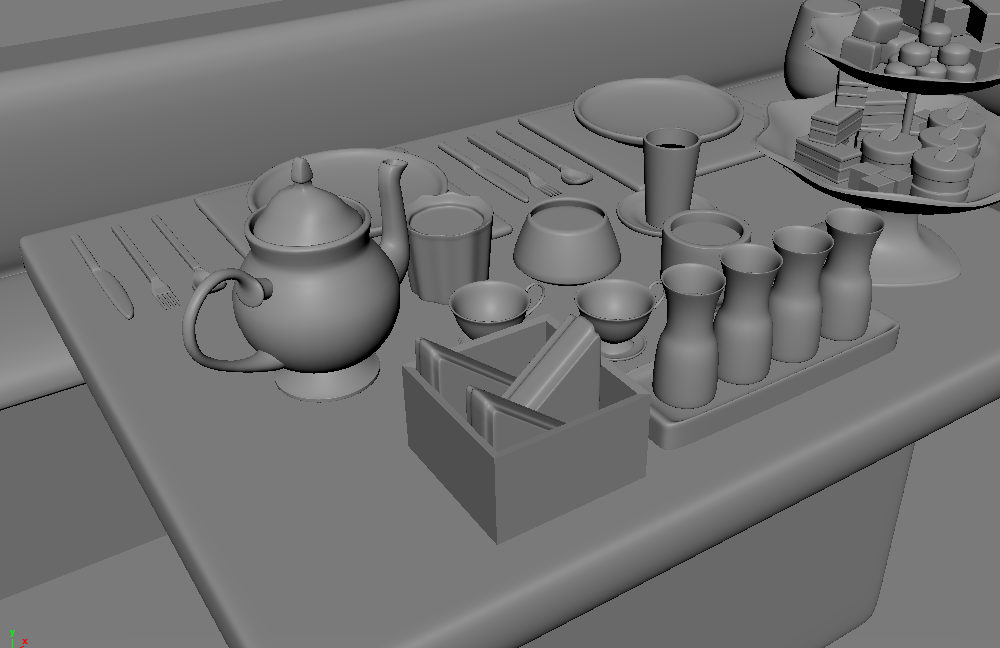 Doll House Tea Set - Table Close-up, Top-Down, 3/4 View