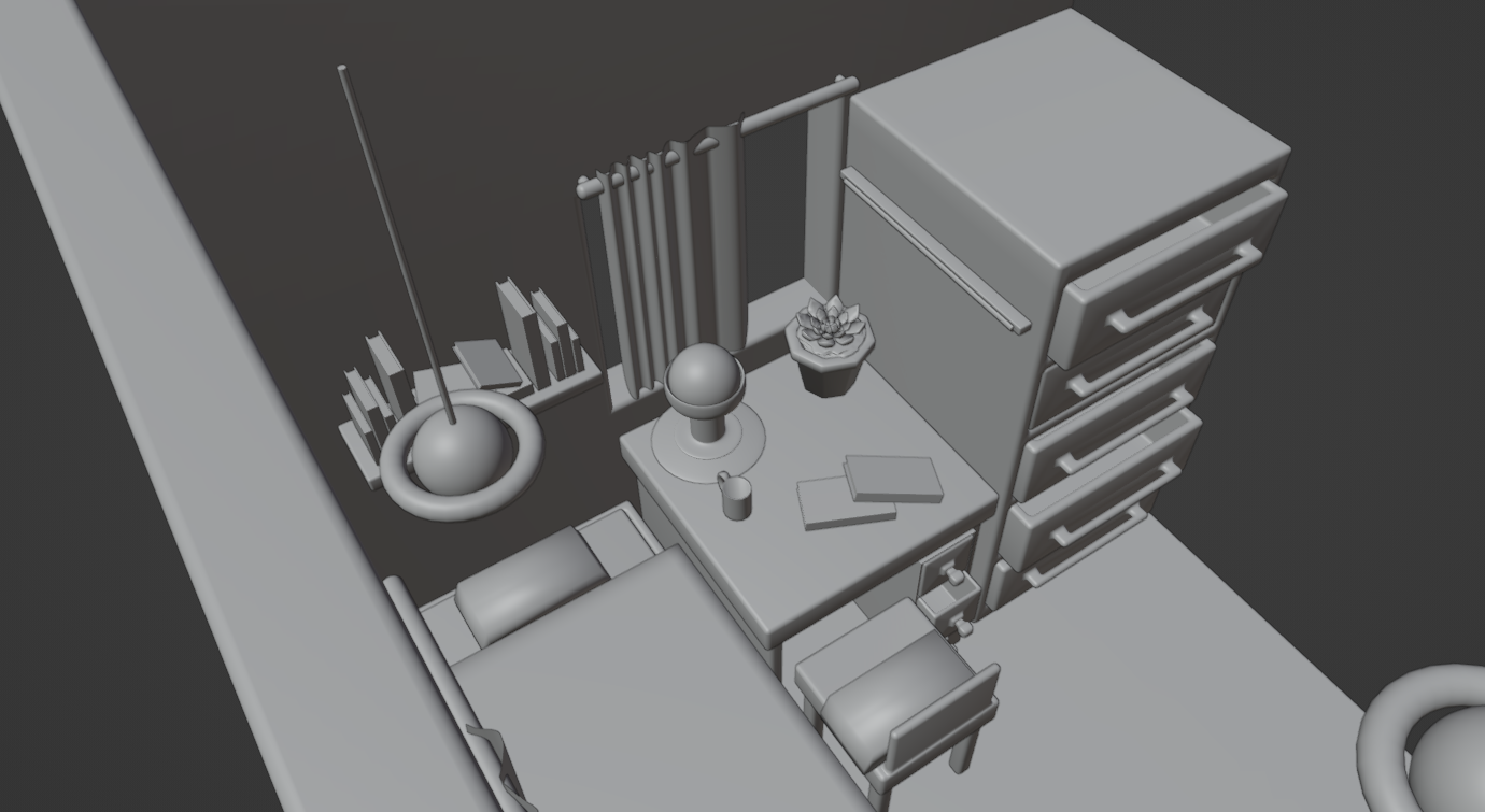 Space Themed Bedroom 3D Model - Close Up on Items, Top-down, 3/4 View