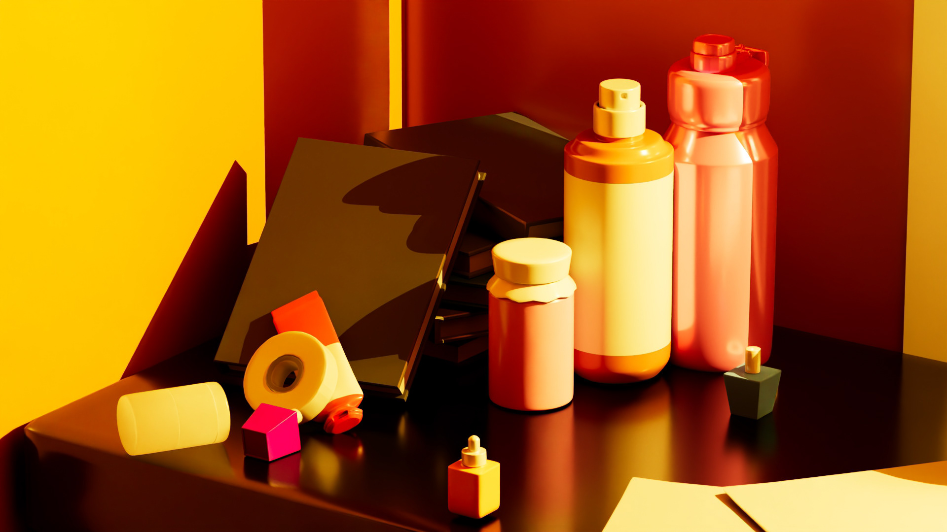 Small Studio Attic 3D Model - Texture and Light, Close-up on Left Desk Items, 3/4 View