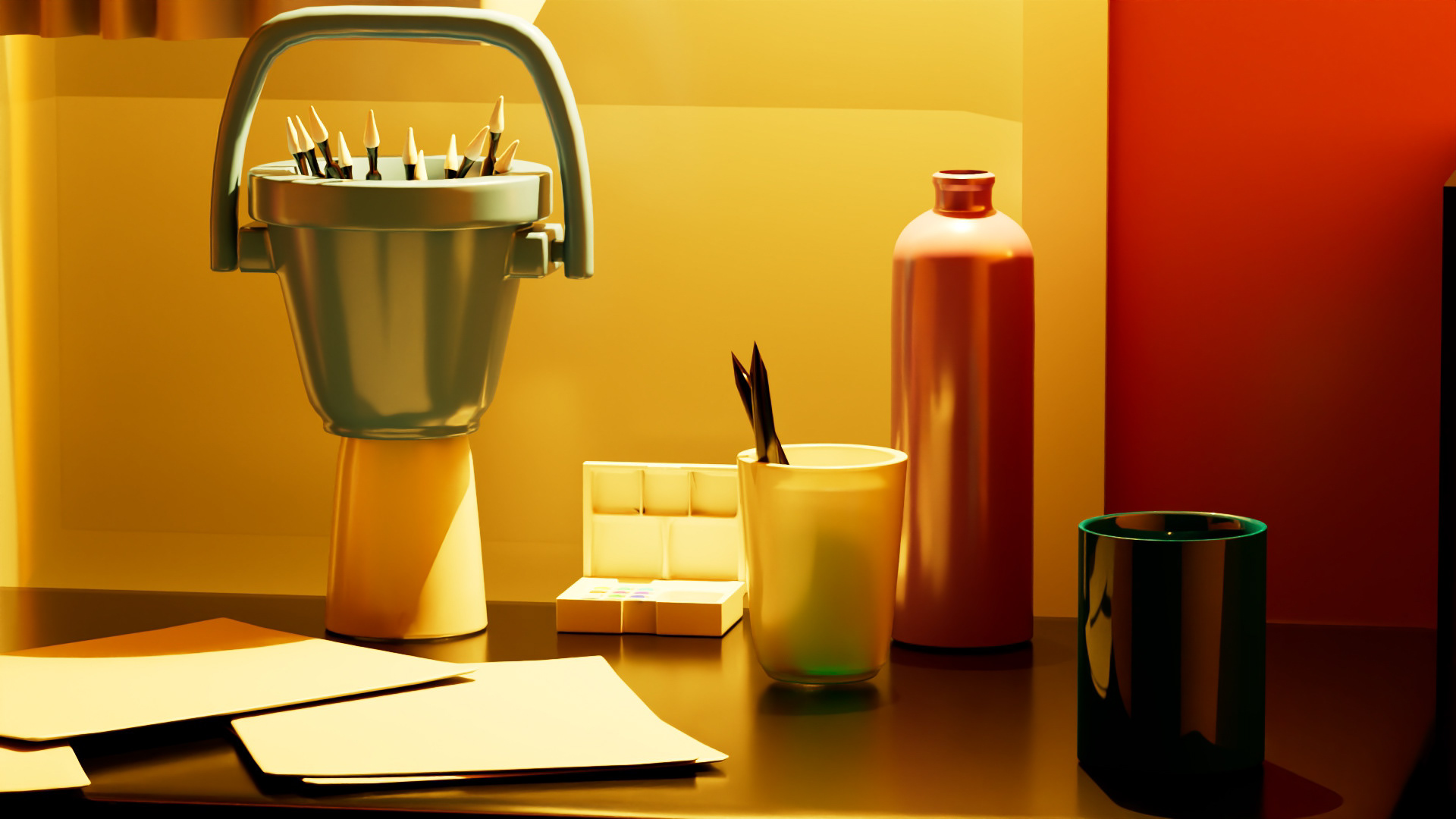 Small Studio Attic 3D Model - Texture and Light, Close-up on Right Desk Items, Front View