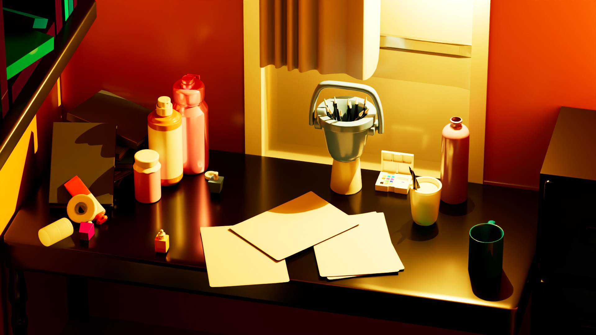 Small Studio Attic 3D Model - Texture and Light, Close-up on Desk, 3/4 View, Top-down
