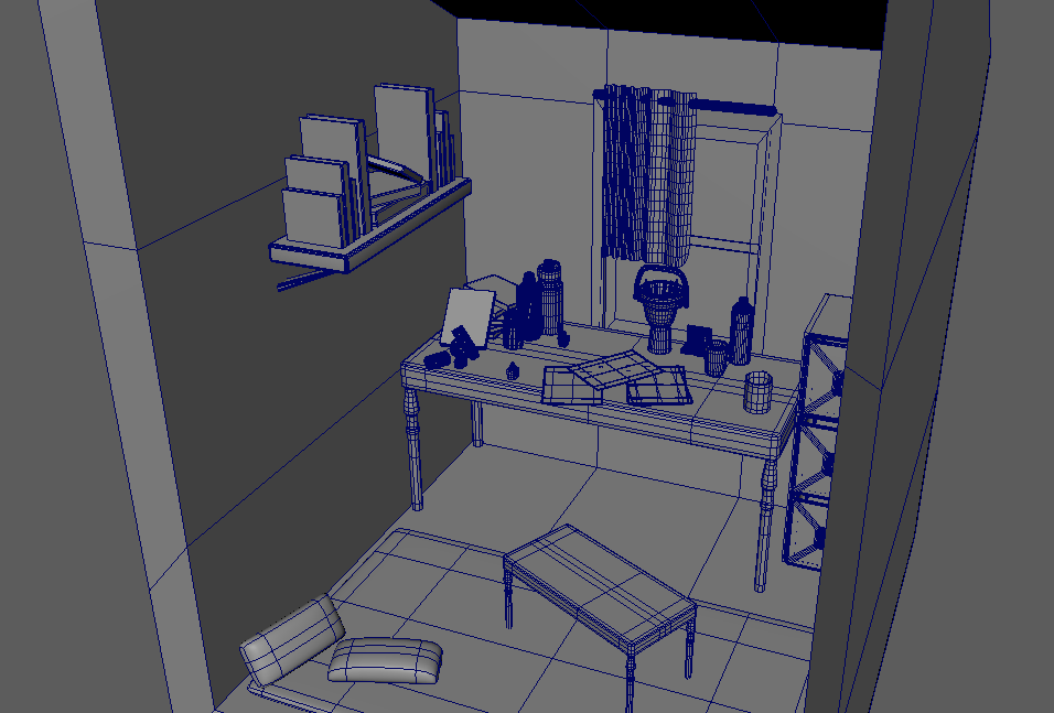Small Studio Attic 3D Model - Wireframes, 3/4 View