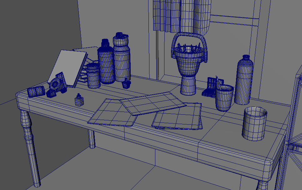 Small Studio Attic 3D Model - Wireframes, Close Up on Desk Items 3/4 View