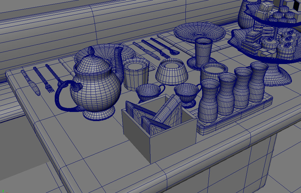 Doll House Tea Set - Table Close-up, Top-Down, 3/4 View, Wireframes
