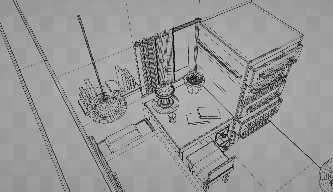 Space Themed Bedroom 3D Model - Close Up on Items, Top-down, 3/4 View, Wireframes
