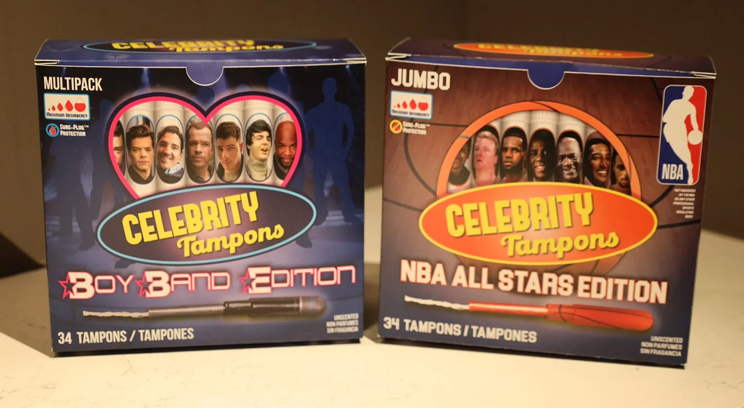 Celebrity Tampons Boxes: Parody project commissioned by Jenny McCarthy