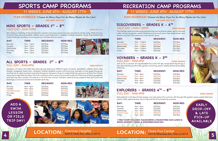 Summer Camp Catalog for Niles, IL park District.