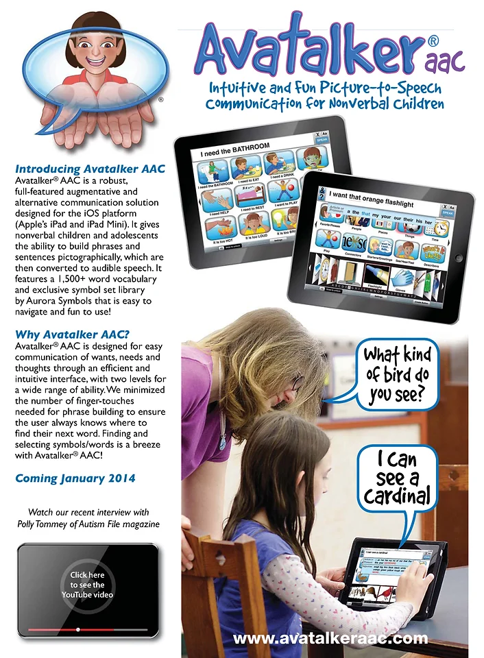Magazine Ad for Avatalker AAC, an iPad app for nonverbal children with Autism.