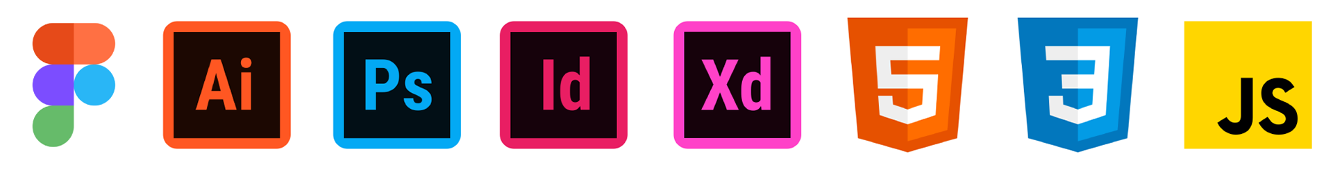 Logo for Figma, Adobe Illustrator, Photoshop, InDesign, XD, HTML, CSS and Javascript
