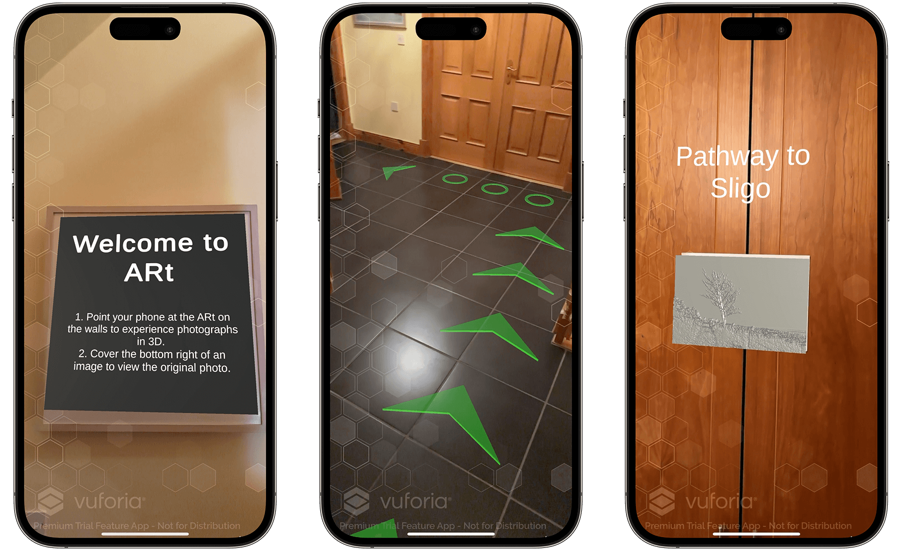 Three iPhone screens showing the ARt app running