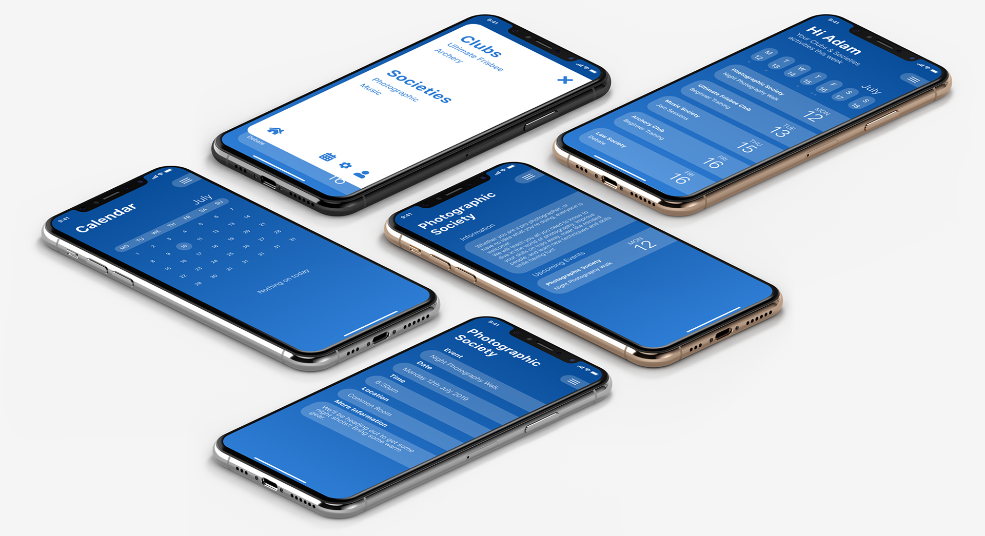 UL Clubs and Societies planner app on iPhone screens