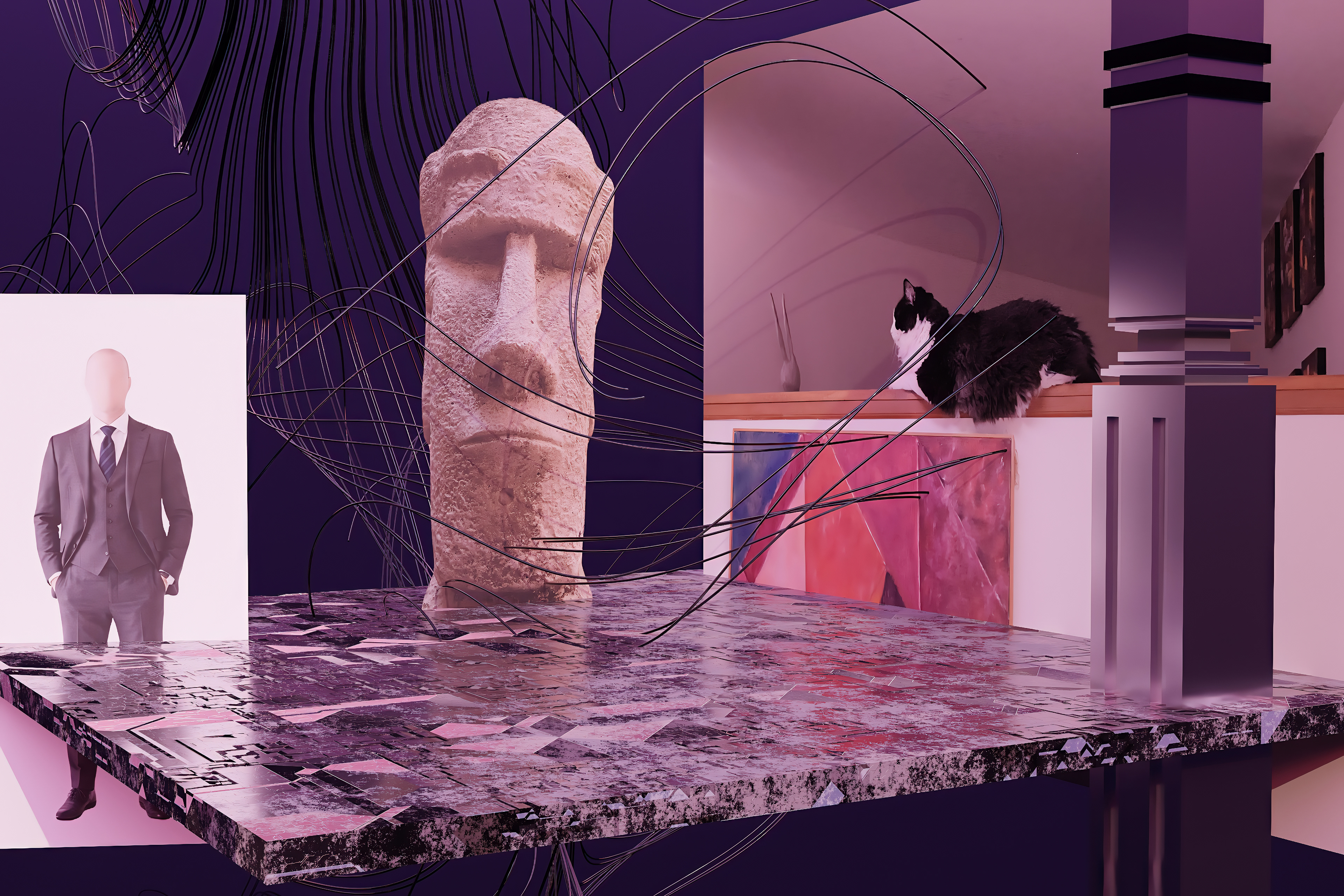 A surreal image of a stone head, faceless man and a cat made to pose a question about AI slop