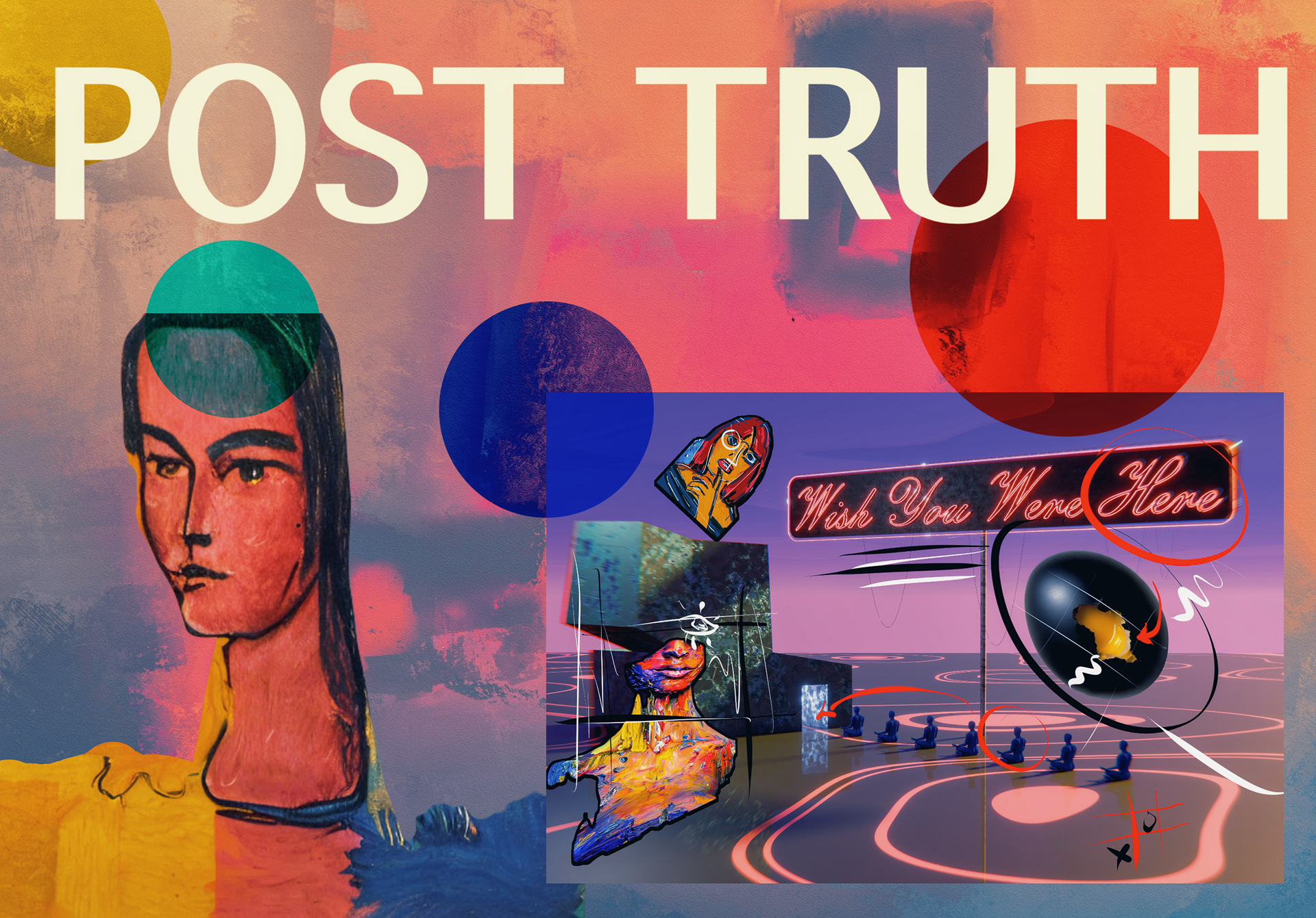 A digital collage with an image within an image and the text 'Post Truth' 