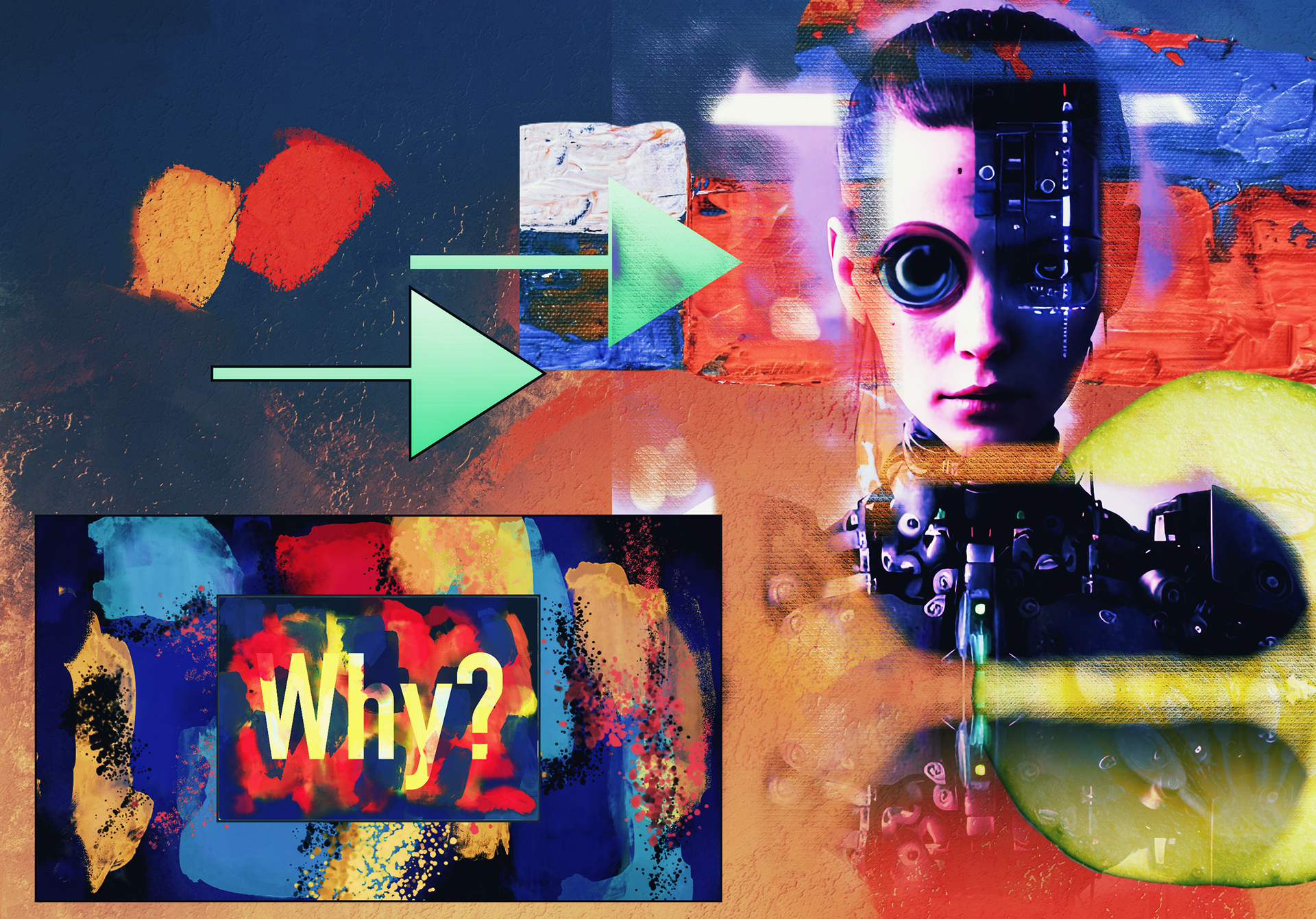 A digital colllage built around the expression 'Why?'
