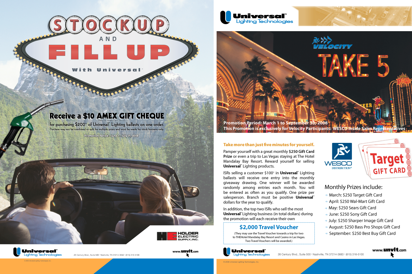 Universal Stock Up and Fill Up and Velocity Take 5 Promotion Posters Graphic Design