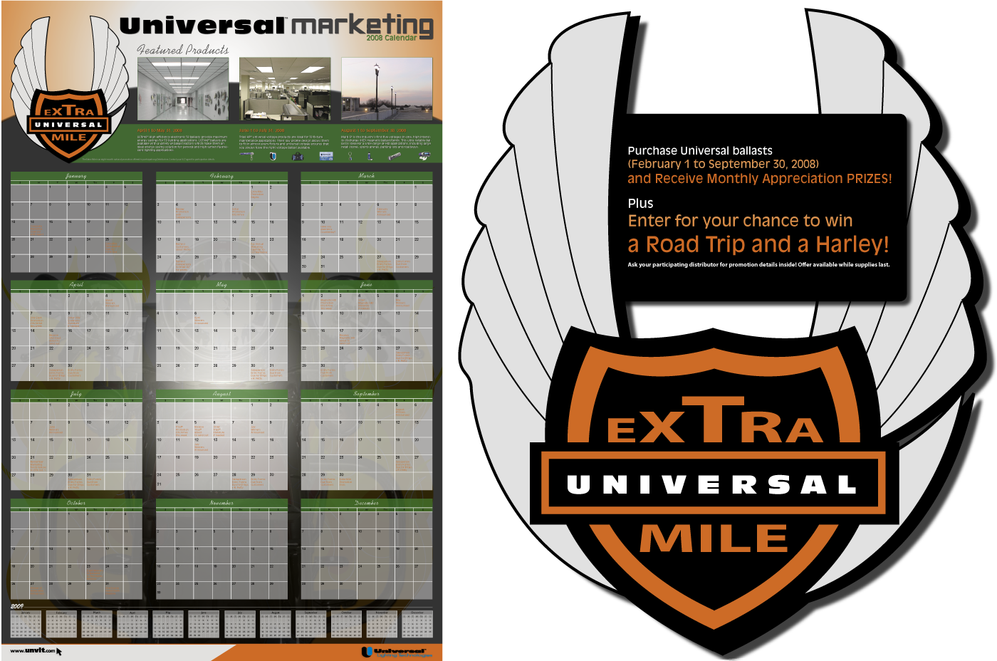Universal Extra Mile Marketing Promotion Wall Calendar and Window Decal with Digital Illustrations and Graphic Design