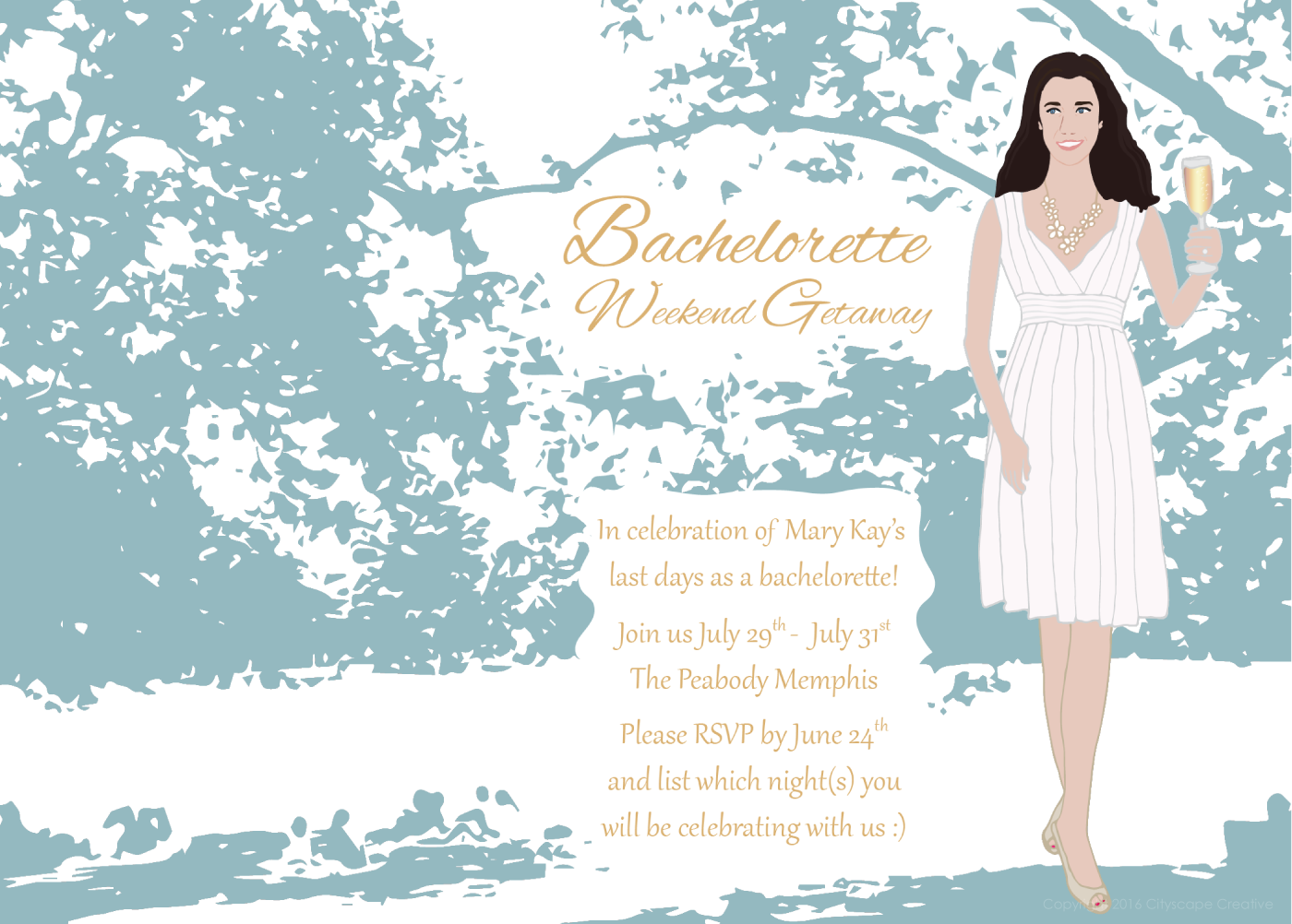 Invitations with Bride-to-be holding champagne in a garden, Graphic Design with Hand Drawn Illustrations Copyright 2017-2018 Cityscape Creative