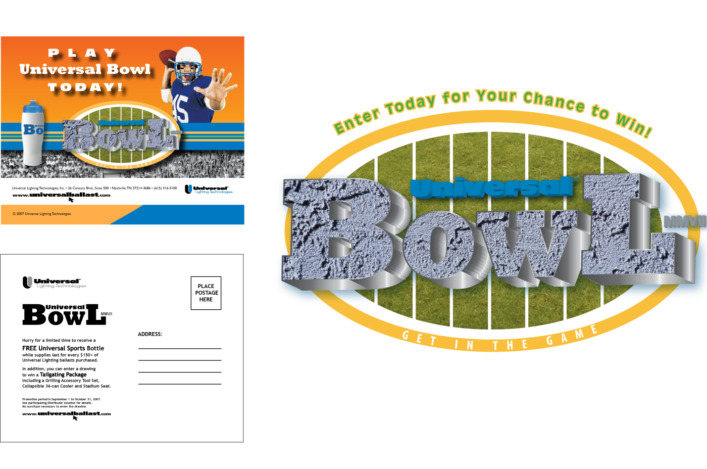 Universal Bowl Marketing Promotion Postcard and Window Decal with Digital Illustrations and Graphic Design