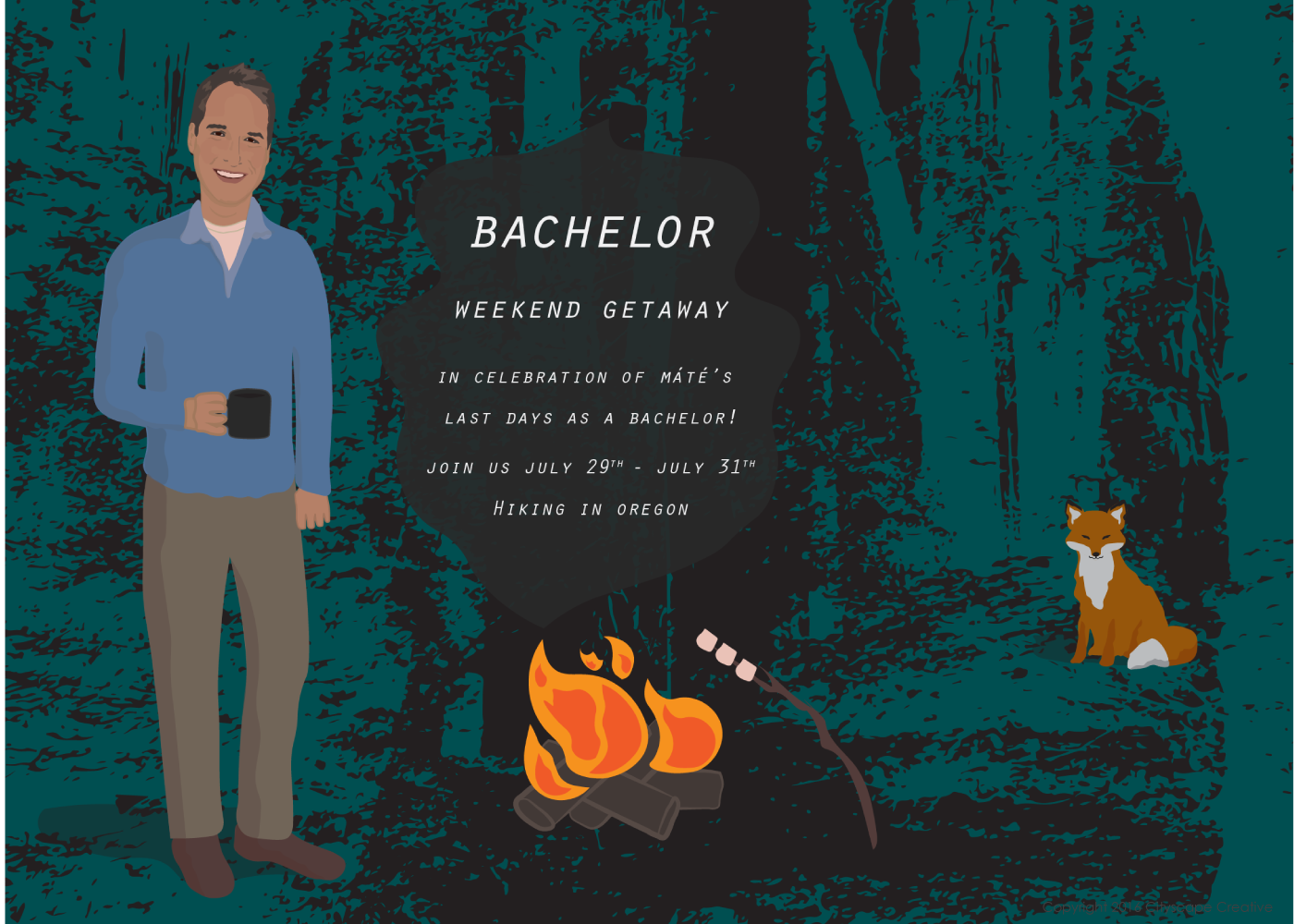 Invitations with Groom-to-be in the woods holding coffee with a campfire and sm'ores, a little fox in the background, Graphic Design with Hand Drawn Illustrations Copyright 2017-2018 Cityscape Creative