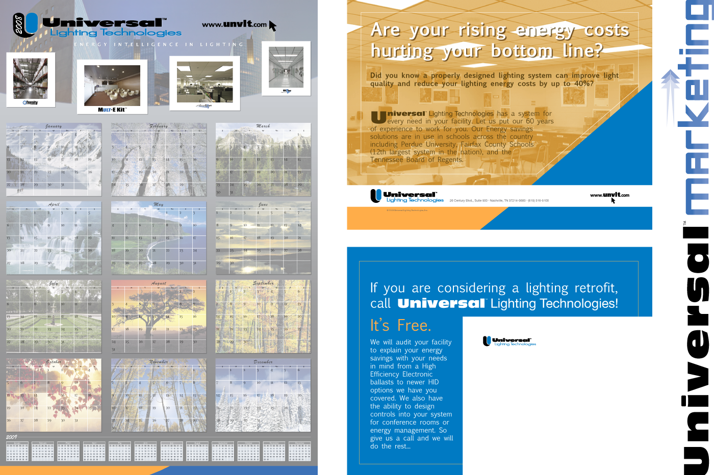 Universal Marketing Calendar, Logo Design and Promotion Mailer Graphic Design and Digital Illustration