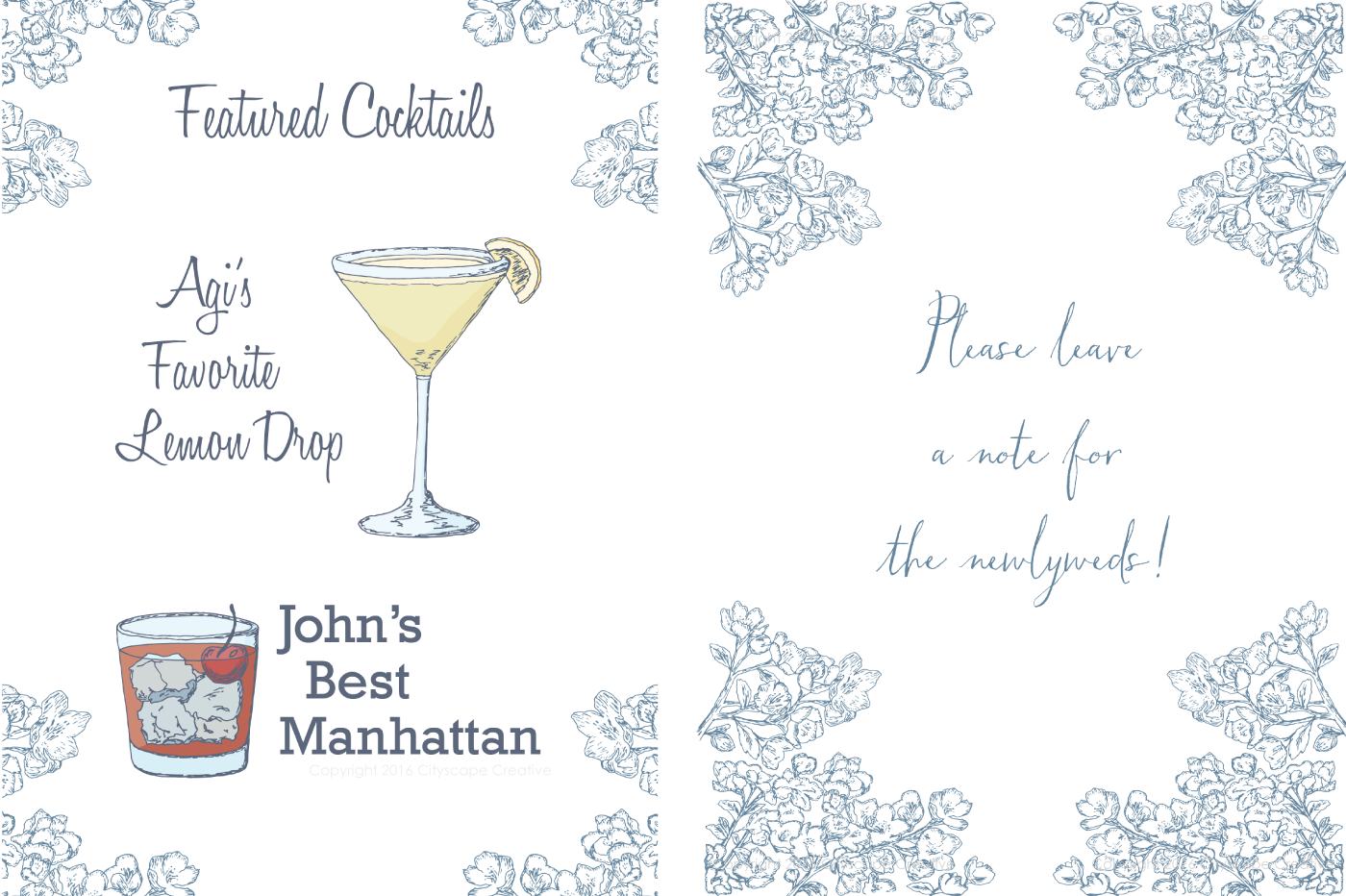 Wedding Signage for Drinks and Wedding Book with Graphic Design with Hand Drawn Illustration Copyright 2016-2018 Cityscape Creative