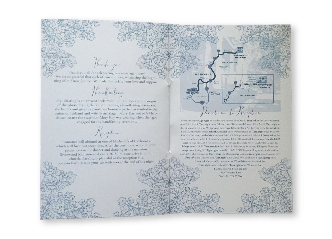 Wedding Programs Thanks and Directions to Reception with Hand Drawn Floral Illustrations and Digital Map with Icons Creation Copyright 2016-2018 Cityscape Creative
