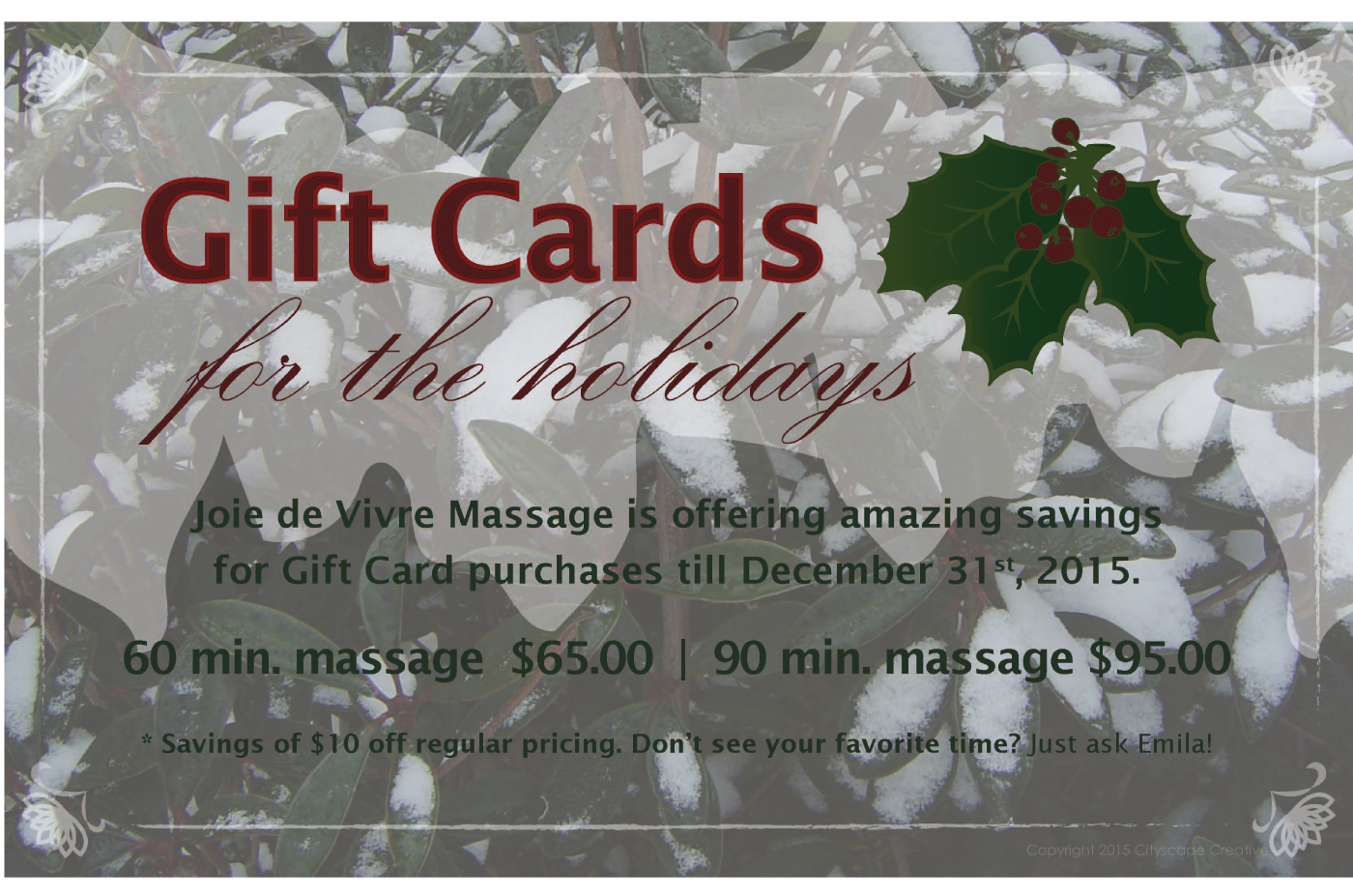 Digital Advertisement for Joie de Vivre with Hand Drawn Holly Illustration Copyright 2015-2018 Cityscape Creative