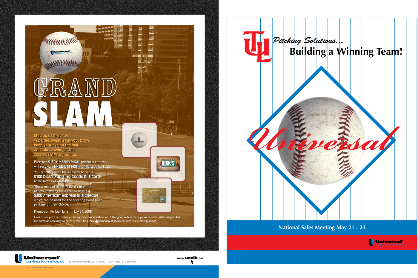 Universal Grand Slam and Pitching Solutions Promotion Posters Graphic Design
