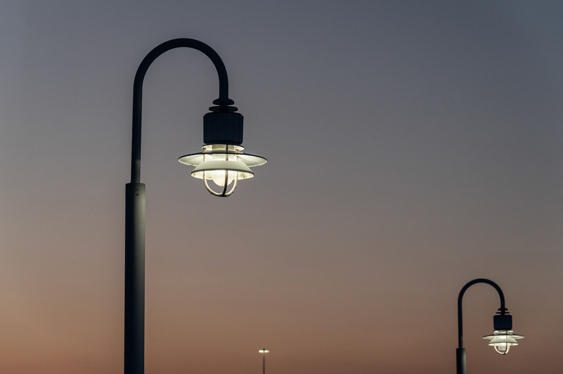 Three lights at sunset. Milwaukee WI lakefront.